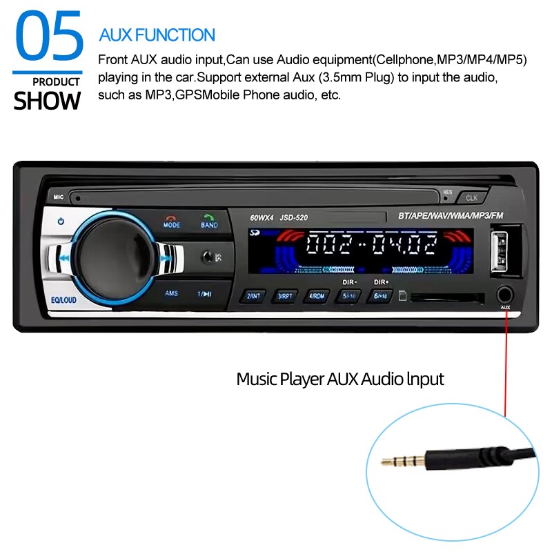 4x60W Single Din In-Dash Car Radio with Steering Remote Bluetooth MP3 Player