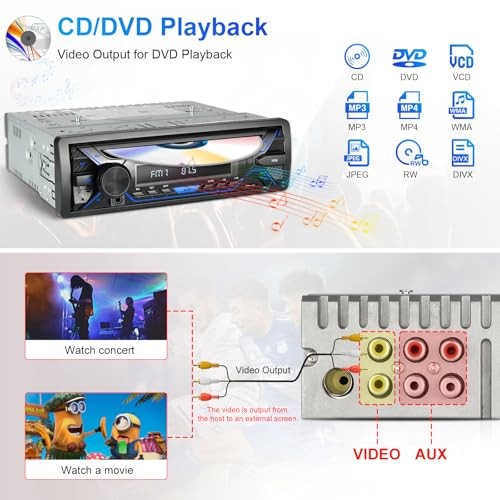Single Din Bluetooth Car Stereo with CD DVD Player, Single Din Radio with 4″