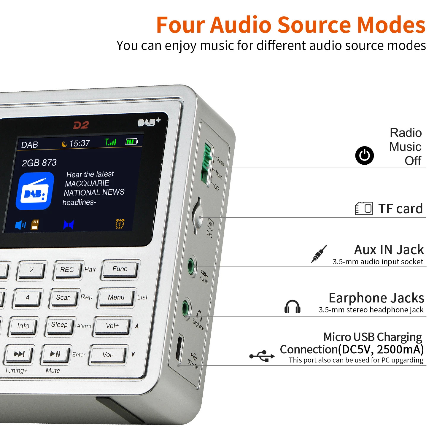 GTmedia D2 DAB+/FM Radio – 2.4 TFT Display, Bluetooth, TF Card, Recording, Mult