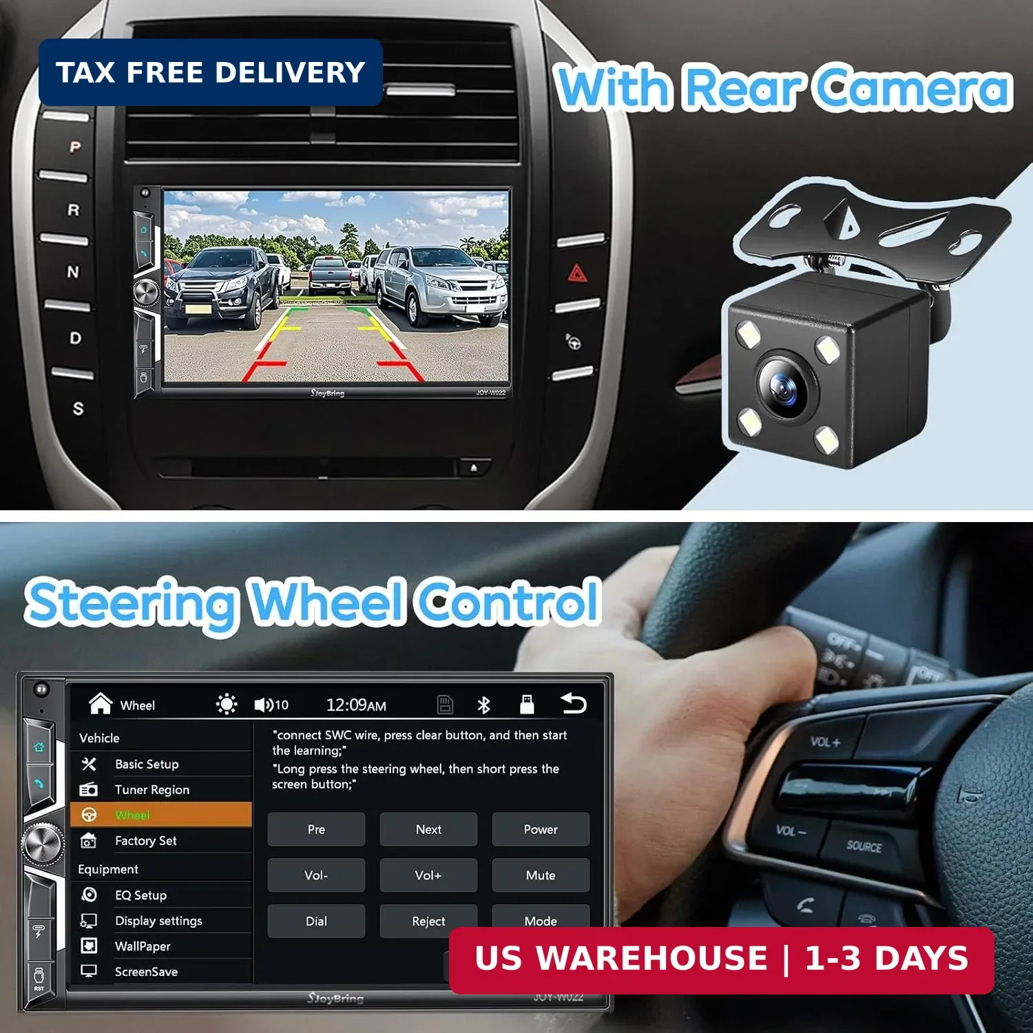 SJoyBring 7″ QLED Double Din Car Stereo – Wireless Apple CarPlay & Android Auto,