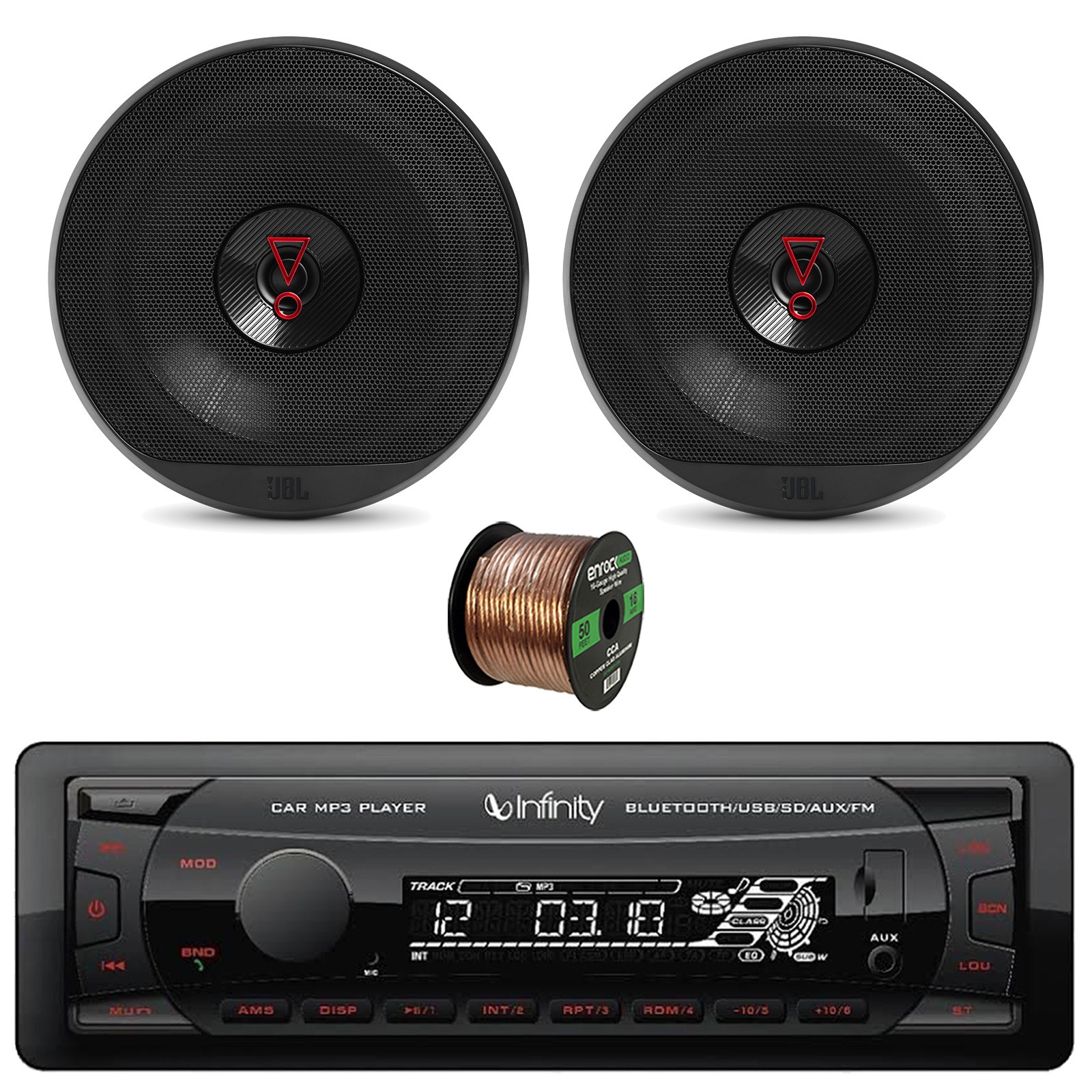 Infinity Bluetooth FM Radio Receiver, 6.5″ 225W Speaker (Pair) w/Grilles, Wire