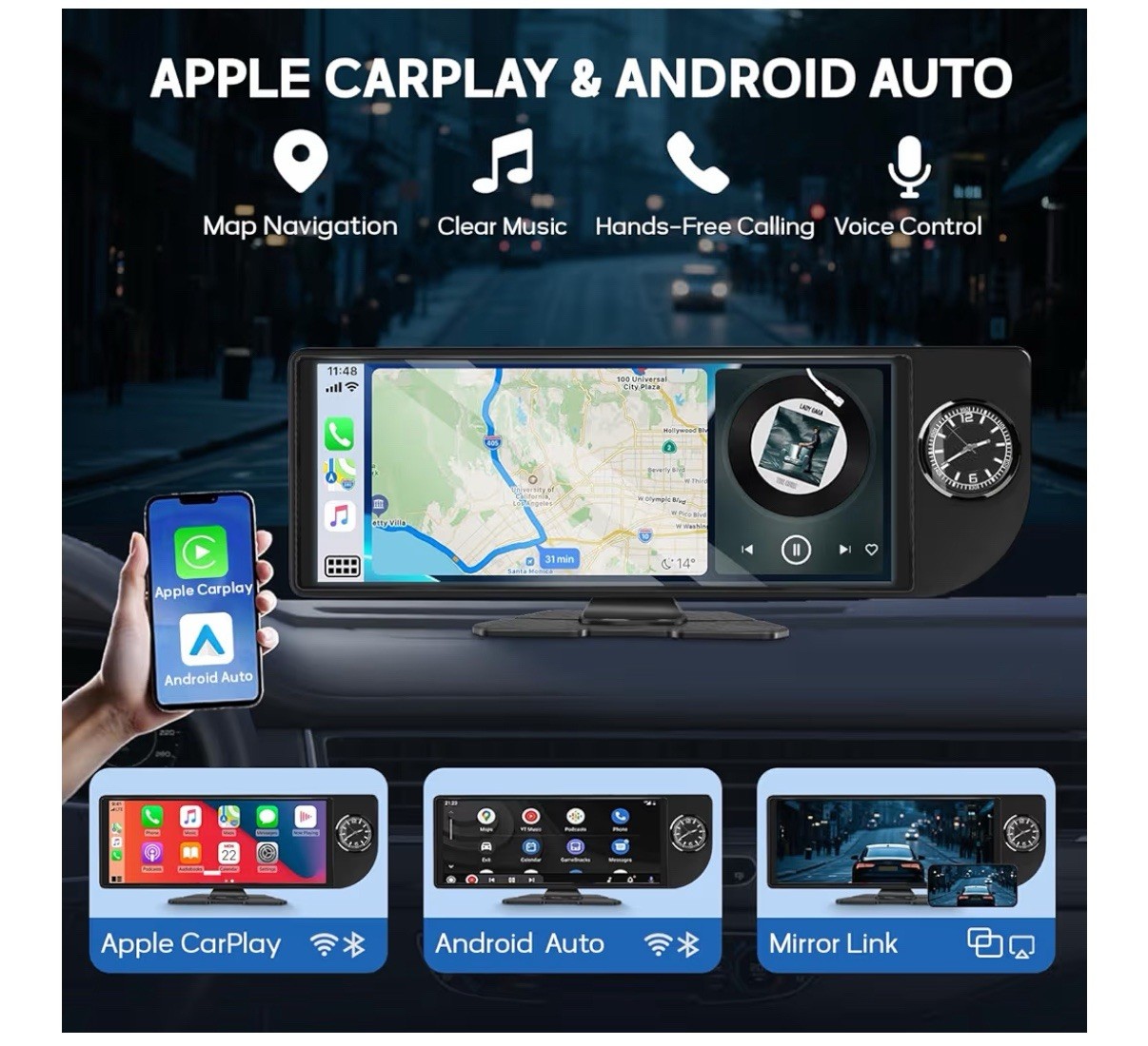 Single Din Car Stereo 10.26 Inch Touchscreen with CarPlay, Android Auto, Bluetoo