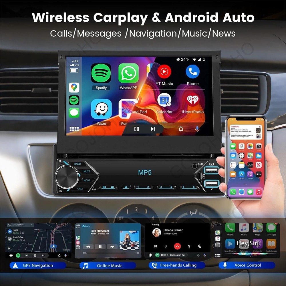 7″ Single 1 DIN Car Stereo Flip Out Touch Screen Radio Carplay MP5 USB +Camera