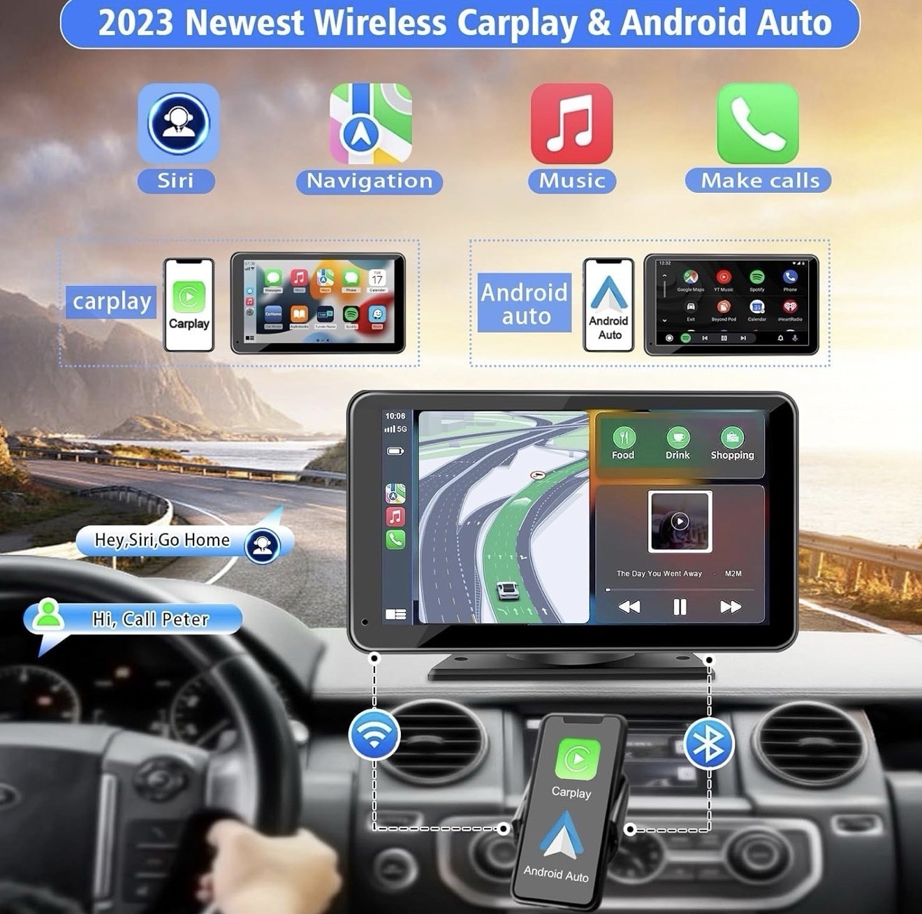 Portable Wireless Apple CarPlay and Android Auto 7″ IPS Touch Screen for Car