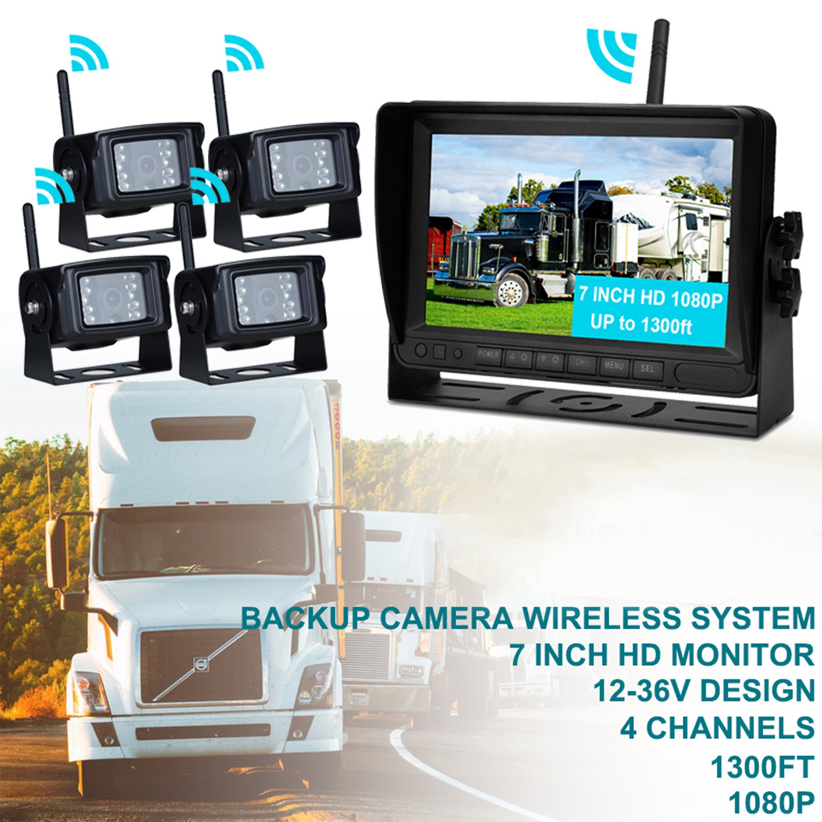 7″ Display Wireless AHD 1080P 4CH Rear View Backup Camera Kit for Truck Trailer·