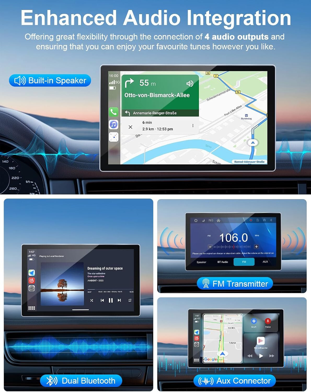 Oscio9″ Wireless Carplay Android Auto Screen with 4K Dash Cam & 1080P Backup cam