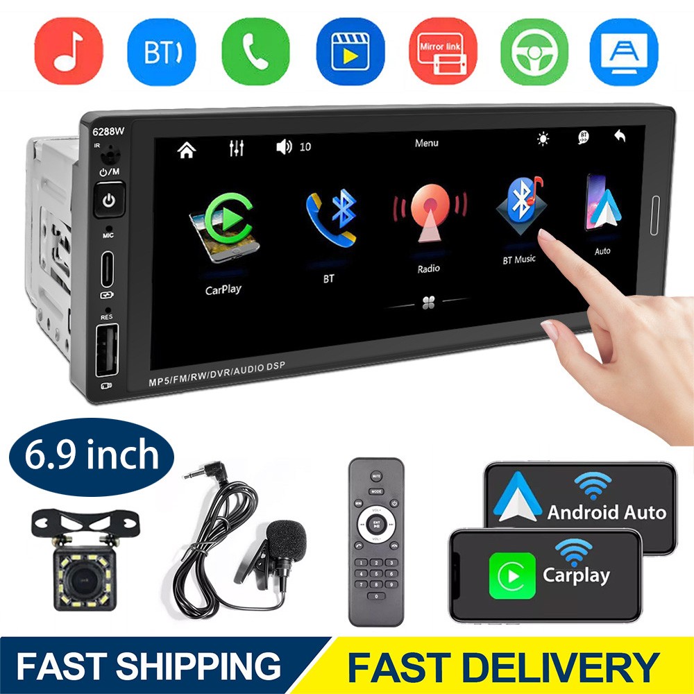 Single Din Car Stereo Wireless Apple Carplay 6.9 Touchscreen Bluetooth Radio USB