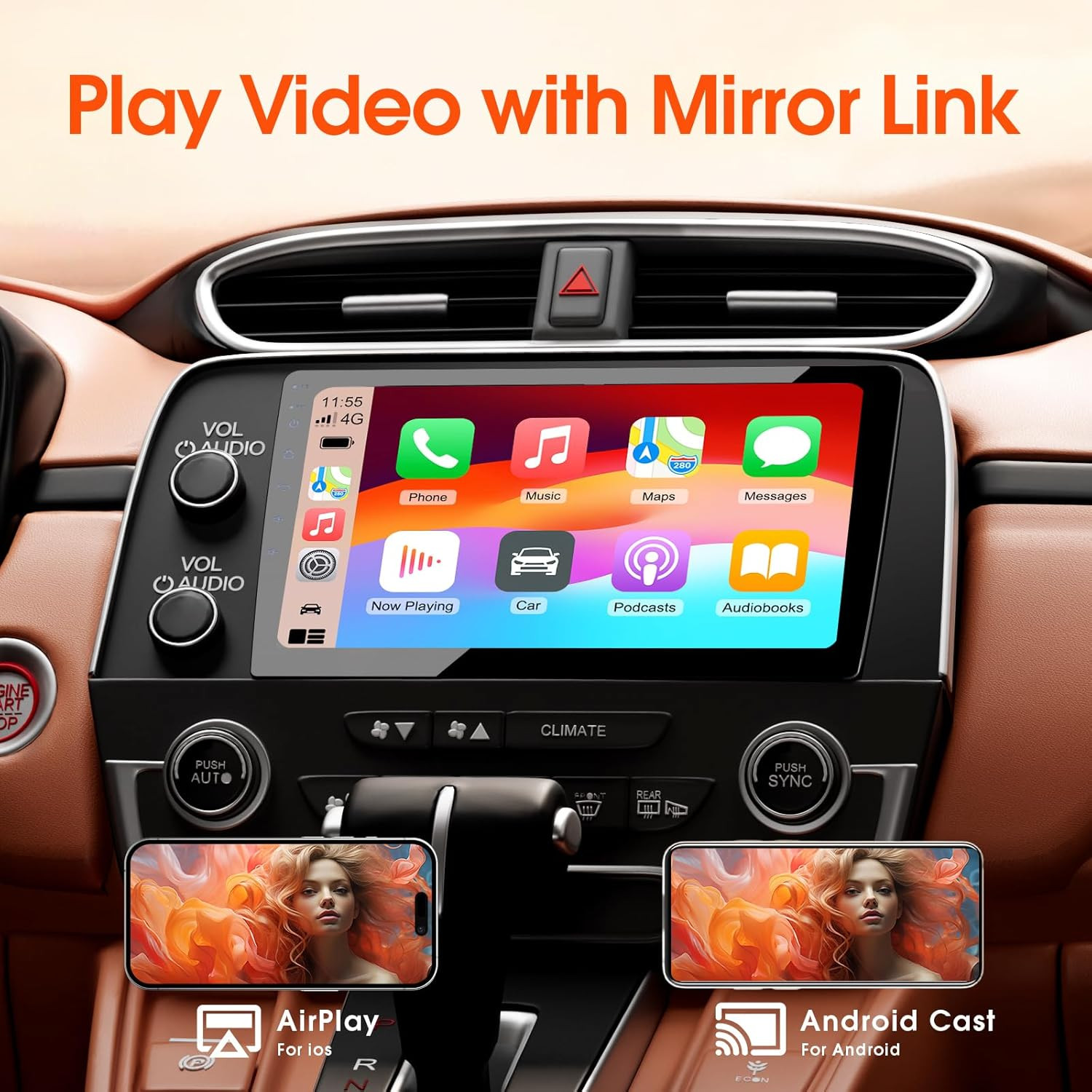 Double Din Car Stereo, 10.1″ HD Touchscreen with Wireless Apple Carplay & Androi
