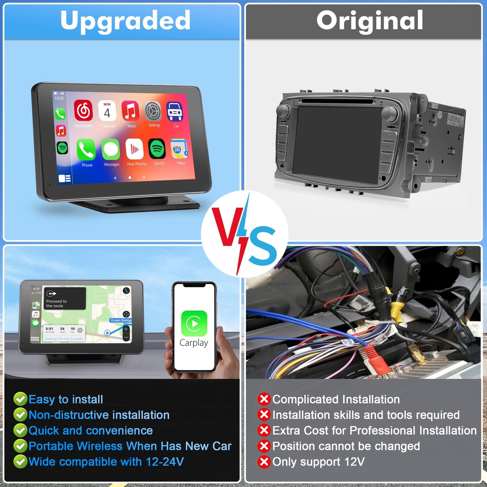 7″ Wireless Carplay & Android Auto Screen Bluetooth 5.0 Marine Stereo