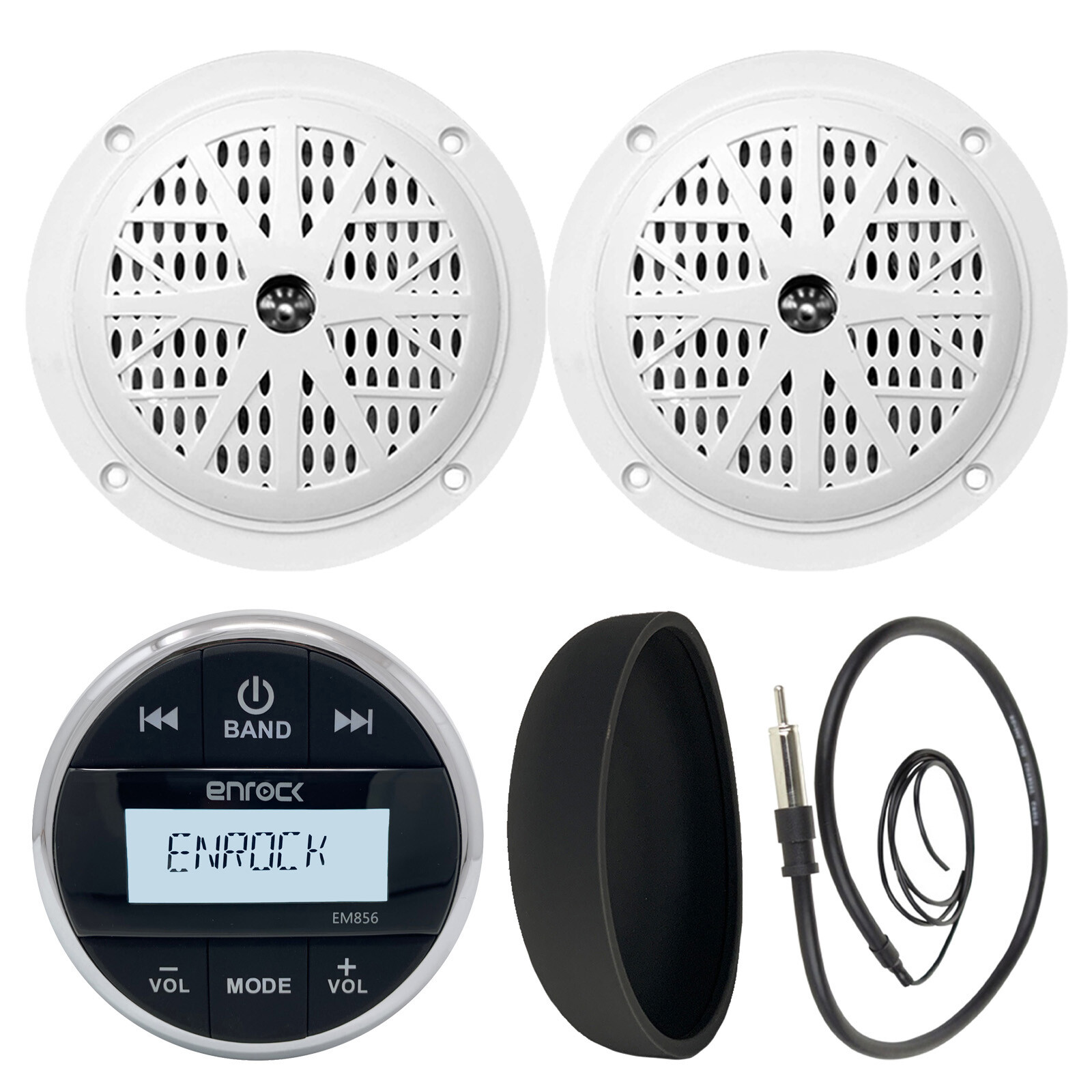 EM856 Bluetooth Round Marine Radio, Antenna, 2x 4″ White Marine Speakers, Cover