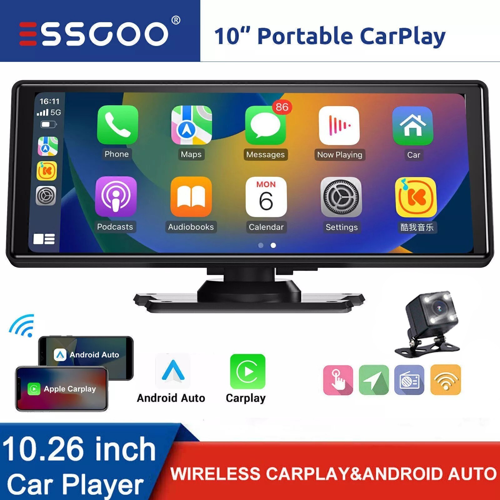 10.26″ HD Wireless Android & Carplay Screen for Car, Portable Touchscreen 4K+CAM