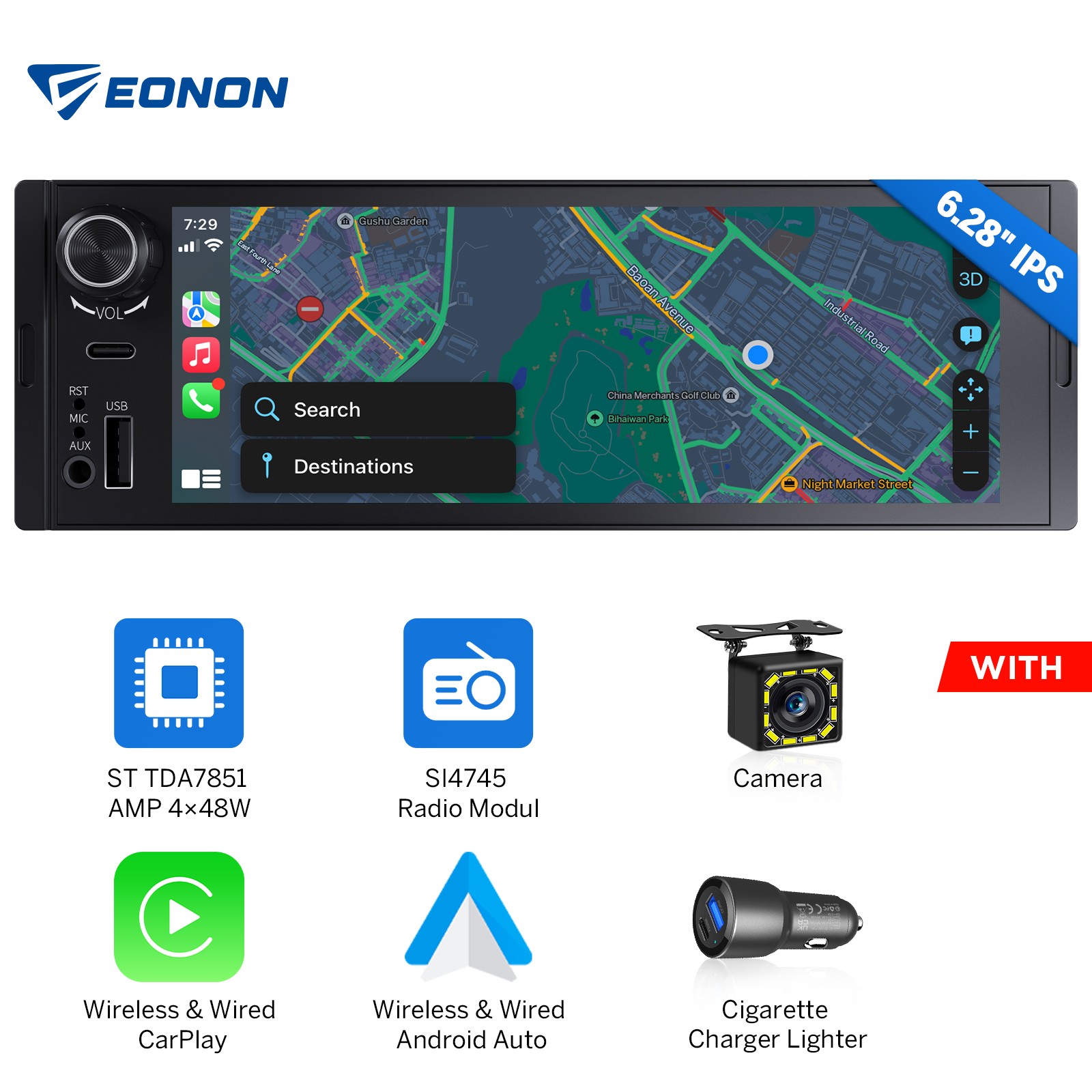 Single 1DIN 6.28″ IPS Android Auto Car Stereo Wireless CarPlay GPS Bluetooth CAM