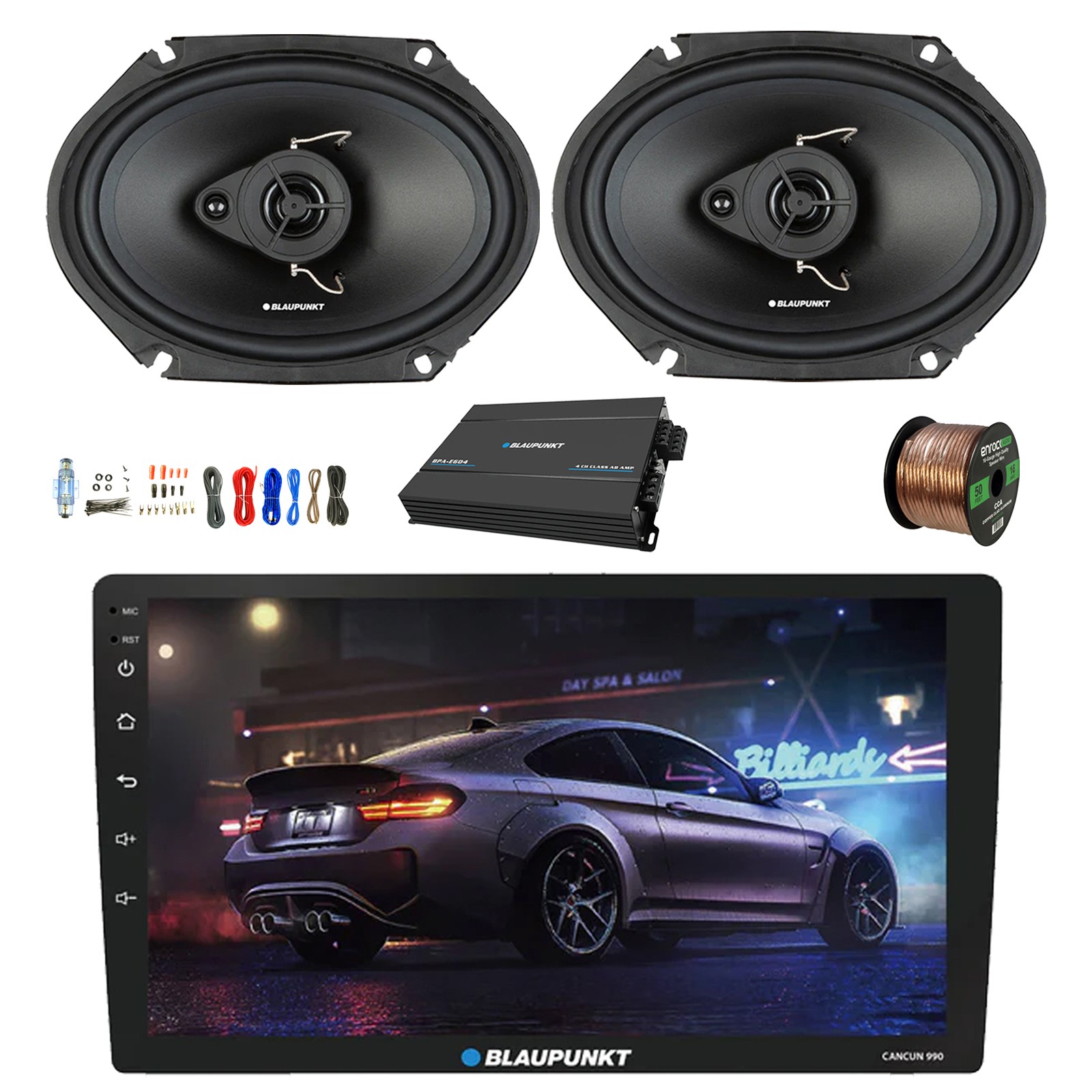 Blaupunkt Cancun 990 9″ Touchscreen WiFi Radio,Amp,Kit, 2x 6×8″ 60W Speaker,Wire