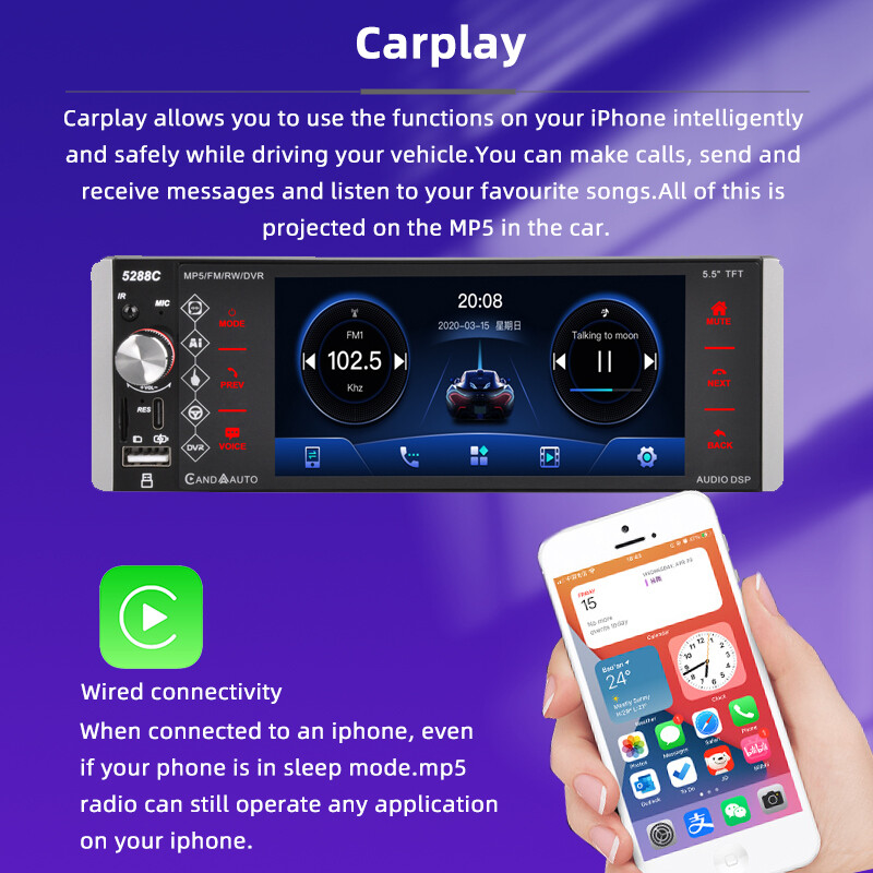 5.5″ Single 1 DIN Car Stereo Radio Bluetooth Apple Carplay Touch Screen Voice/FM