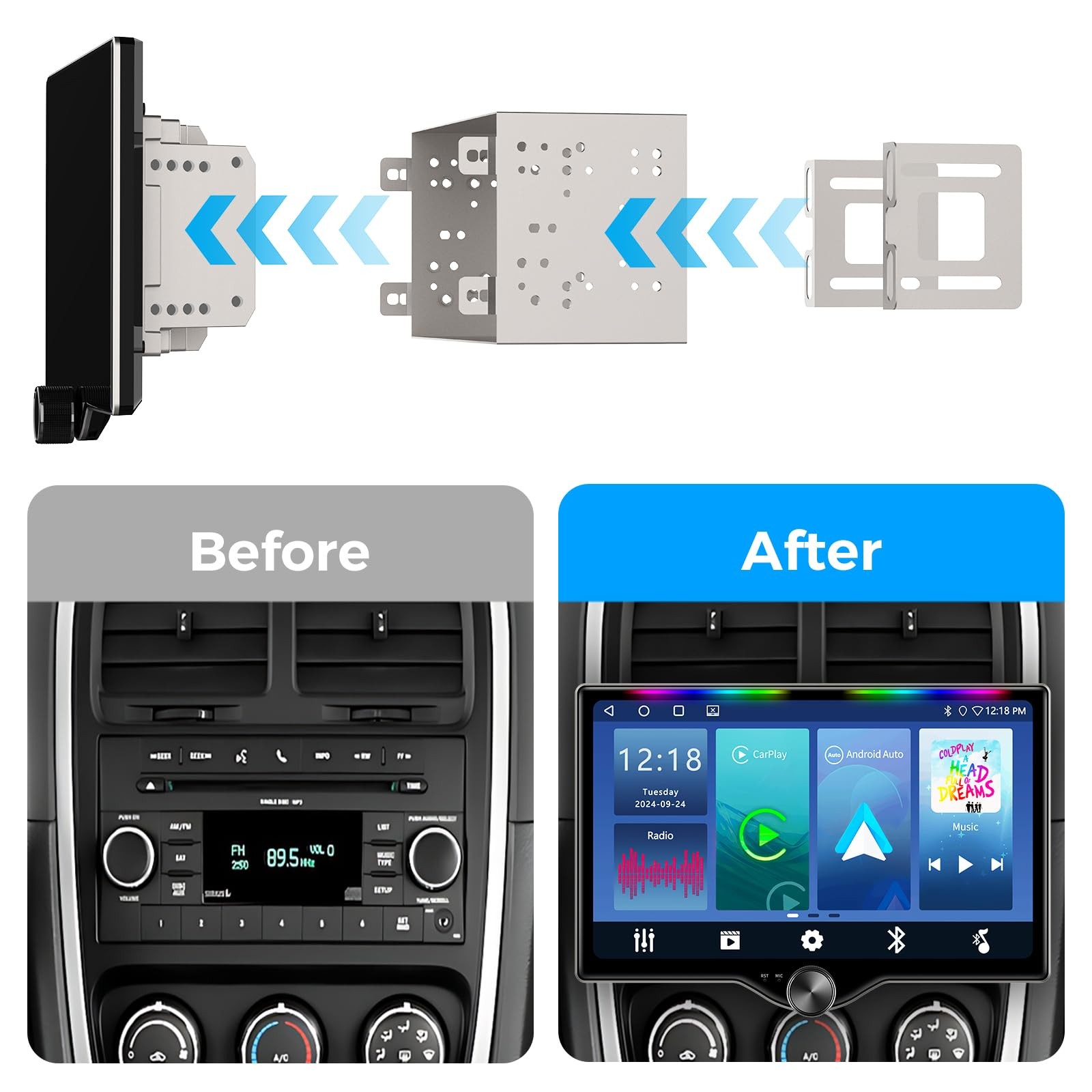 10.1″ QLED Double Din Car Stereo with Wireless Carplay & Android Auto, Music …