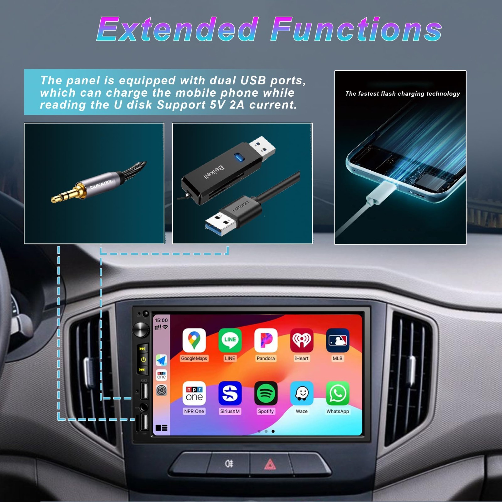 7″ Double Din Car Stereo – Wireless Apple CarPlay, Android Auto, Bluetooth 5.2,