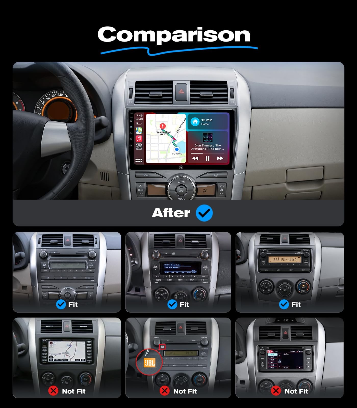 Wireless CarPlay Android Auto 9″ Car Stereo for Toyota Corolla 2008-2013