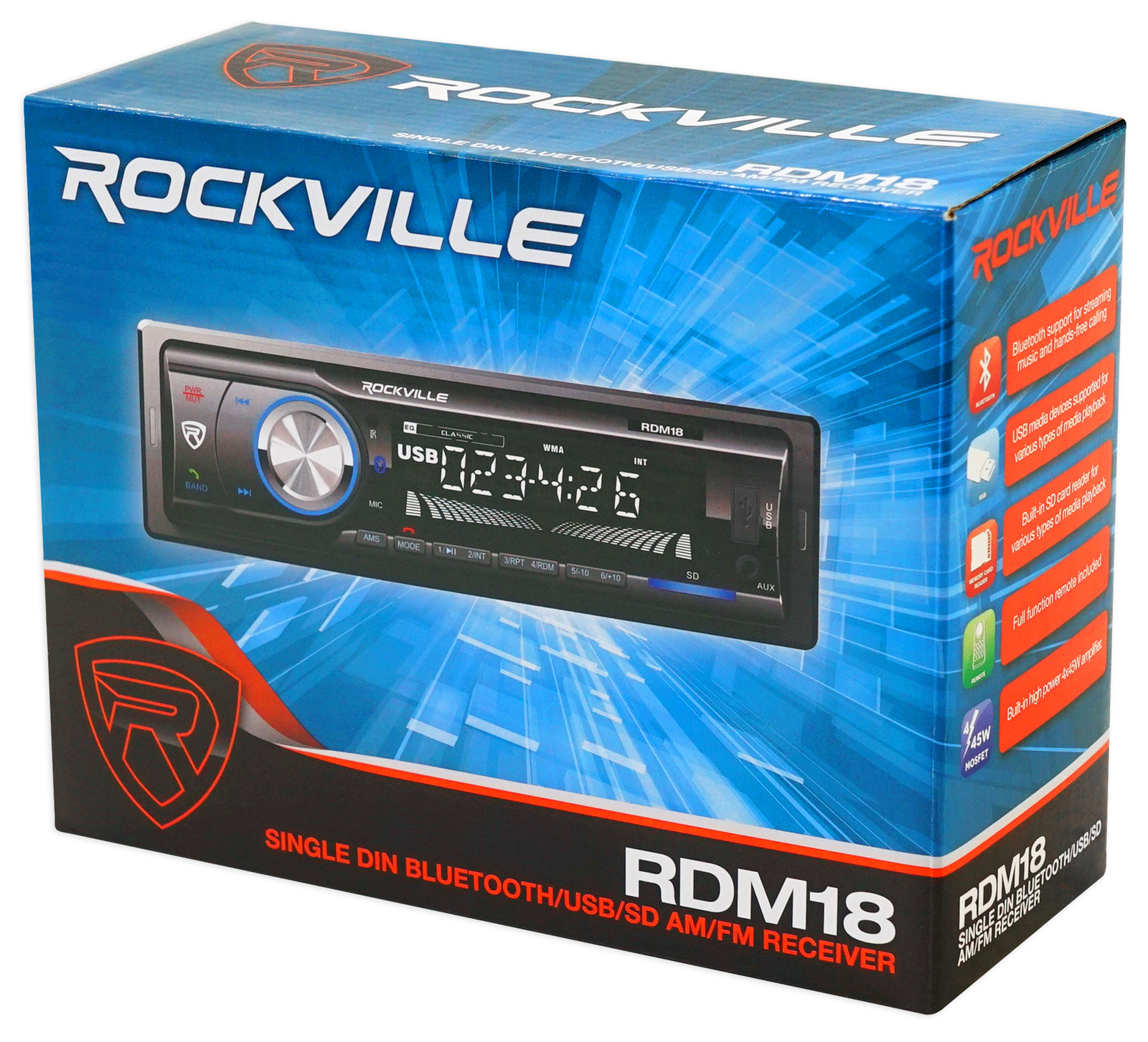 Rockville RDM18 In-Dash Car Digital Media Receiver w/ Bluetooth MP3 USB/SD+Cable