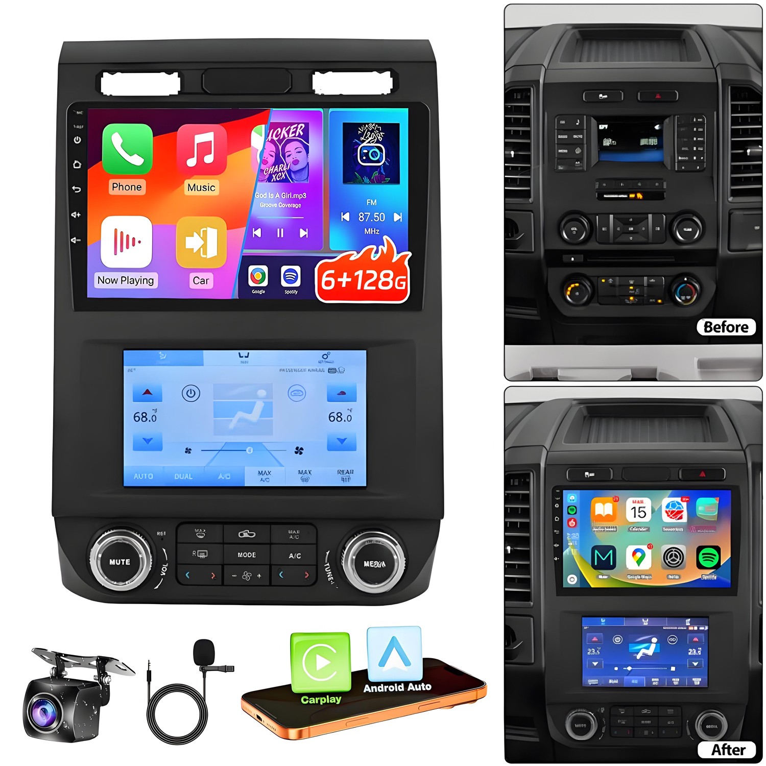 9” Car Radio Wireless Android 13 Auto CarPlay 6+128GB For Ford F150 2015-2021