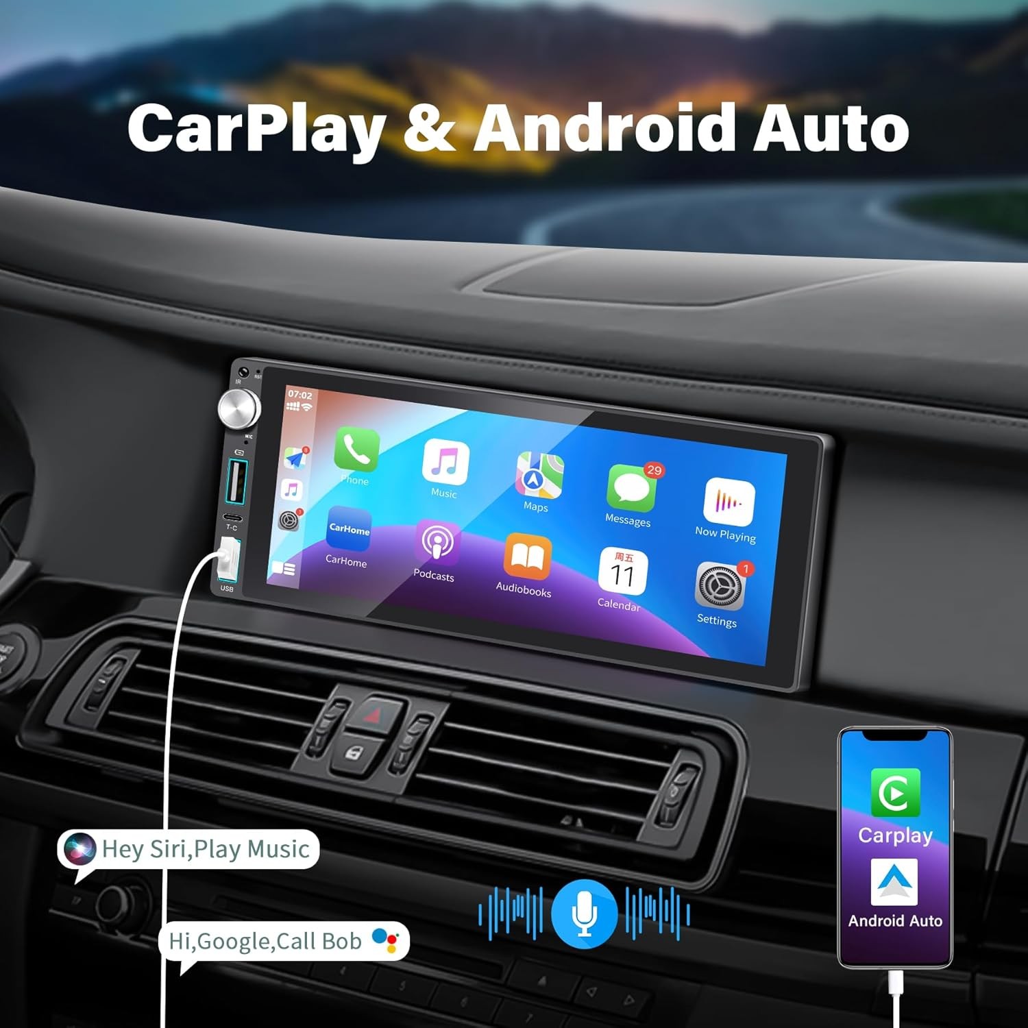 Single Din Car Stereo with Apple Carplay Android Auto,6.9 Inch IPS Touchscreen,