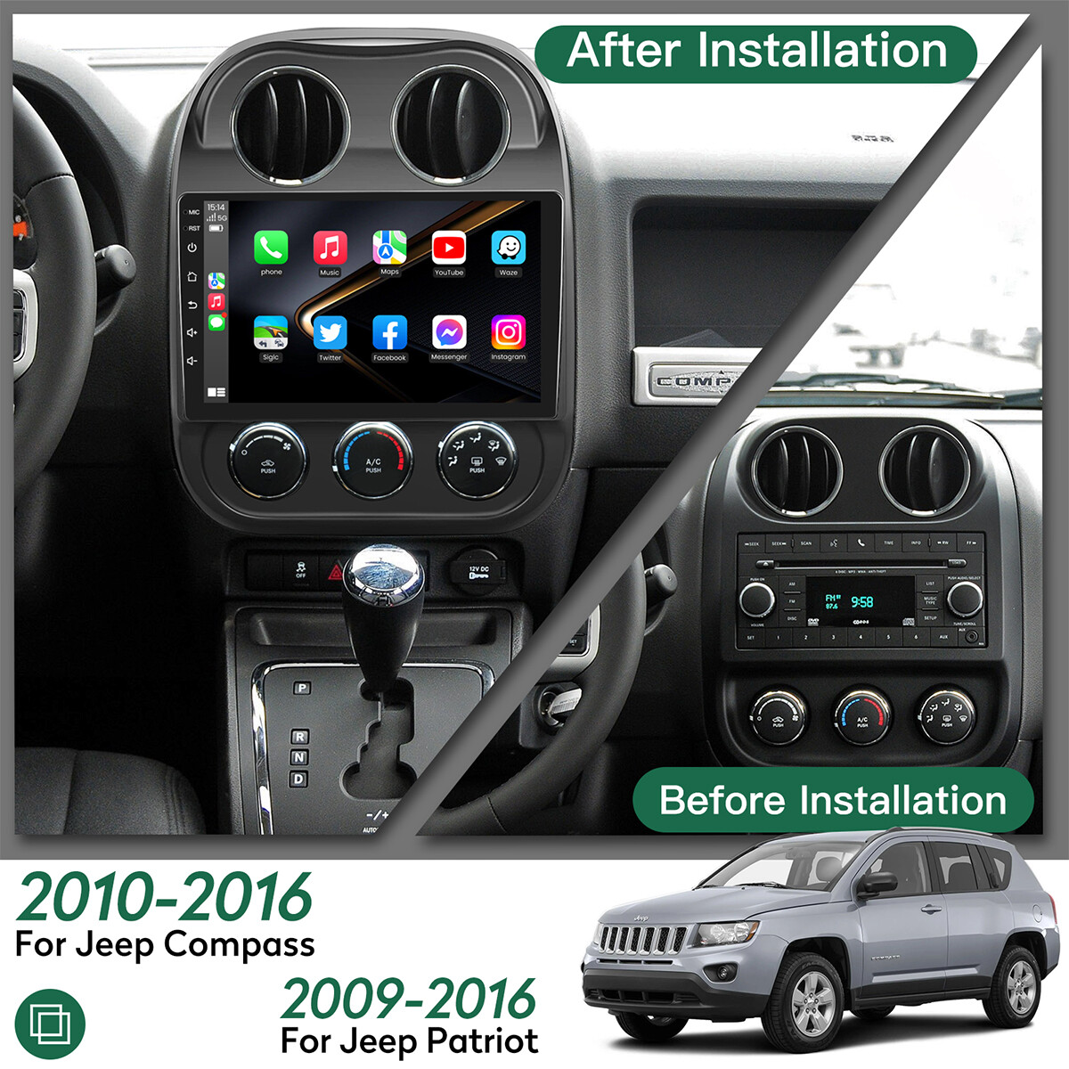 5G 4+64GB Android13 Car Stereo for Jeep Compass 2010-2016 Wireless Apple CarPlay