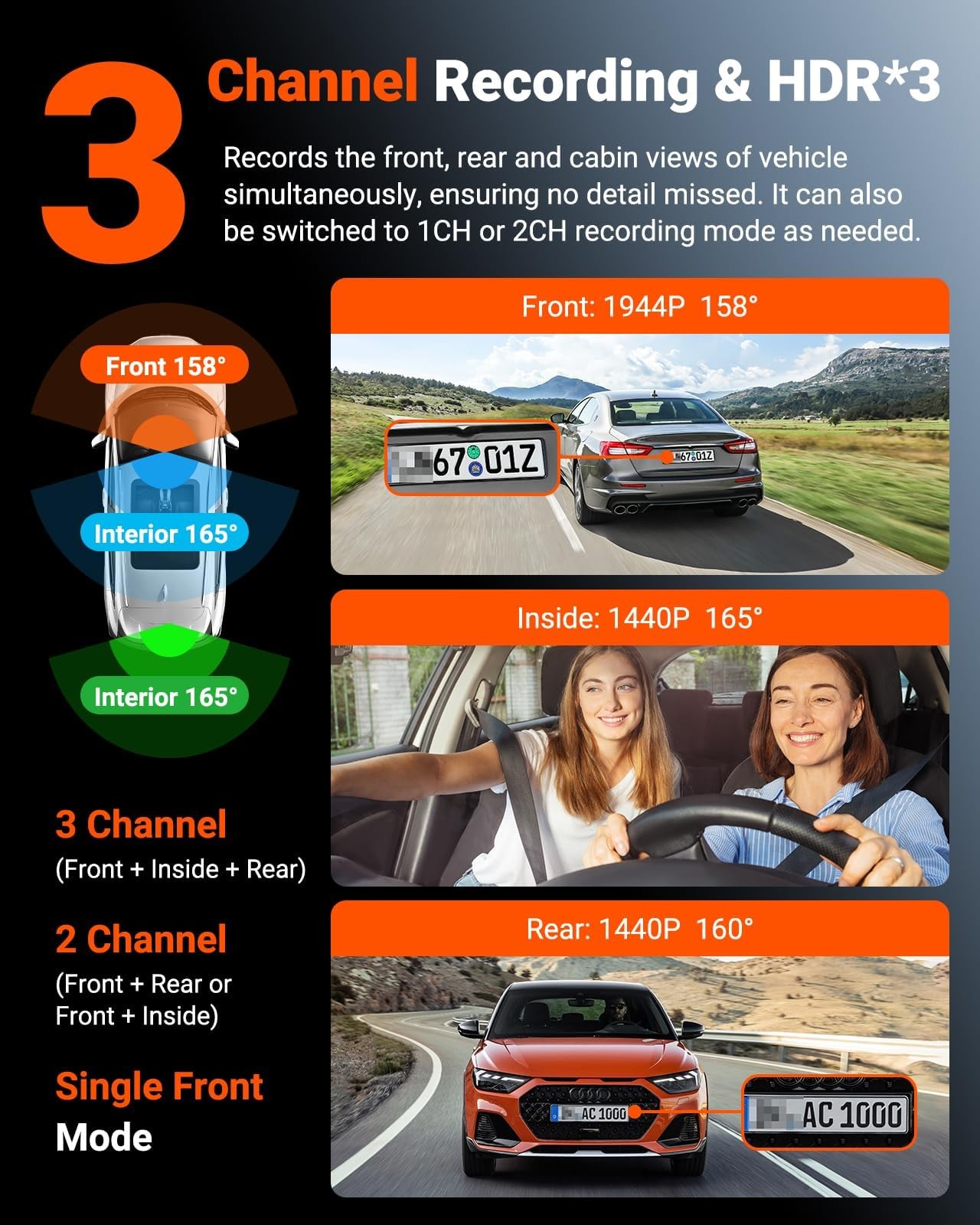 Vantrue N4S 3-Channel 2.7K+1440P WiFi Dash Cam Front Inside Rear GPS IR Night Vi