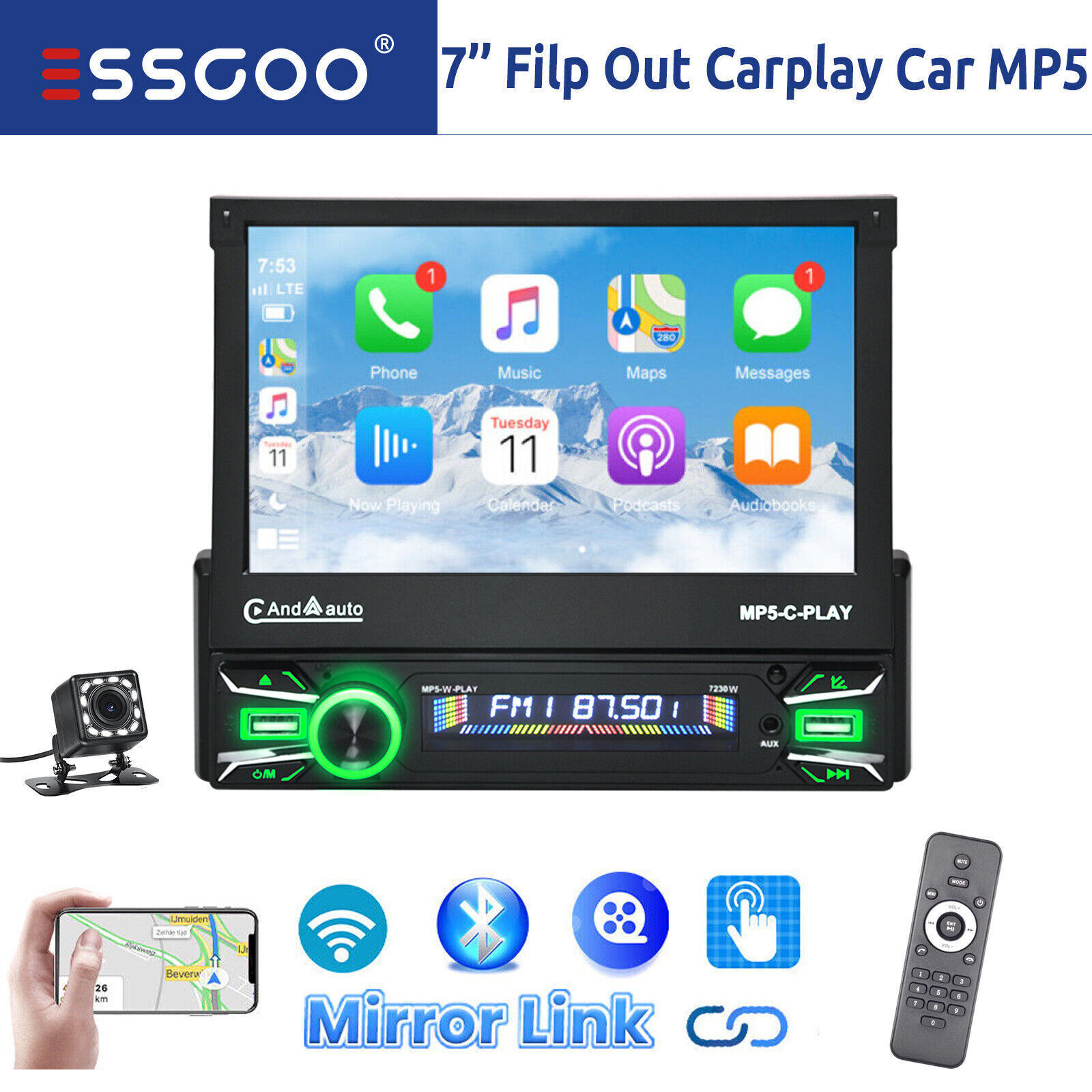 7″ Flip Out Single 1 DIN Car Stereo CarPlay/Android Auto Touch Screen Radio +CAM