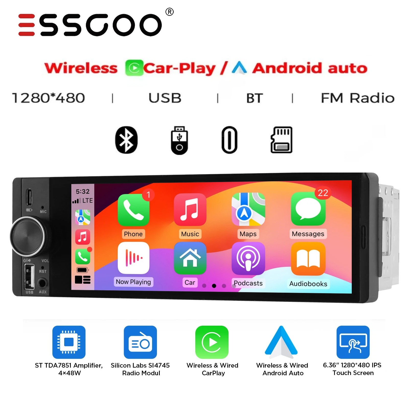 6.36 Inch Single 1 Din Car Stereo Radio Bluetooth CarPlay Touchscreen FM USB-C