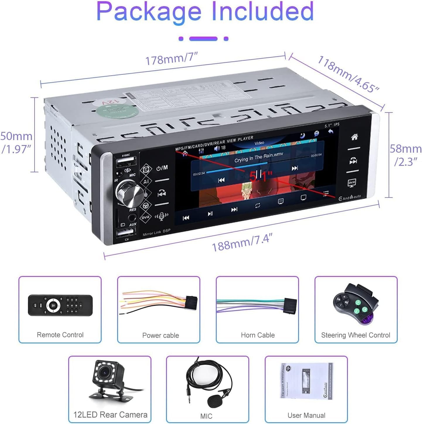 Estereo Radio Bluetooth de un solo DIN Pantalla Tactil Apple Carplay Para Coche