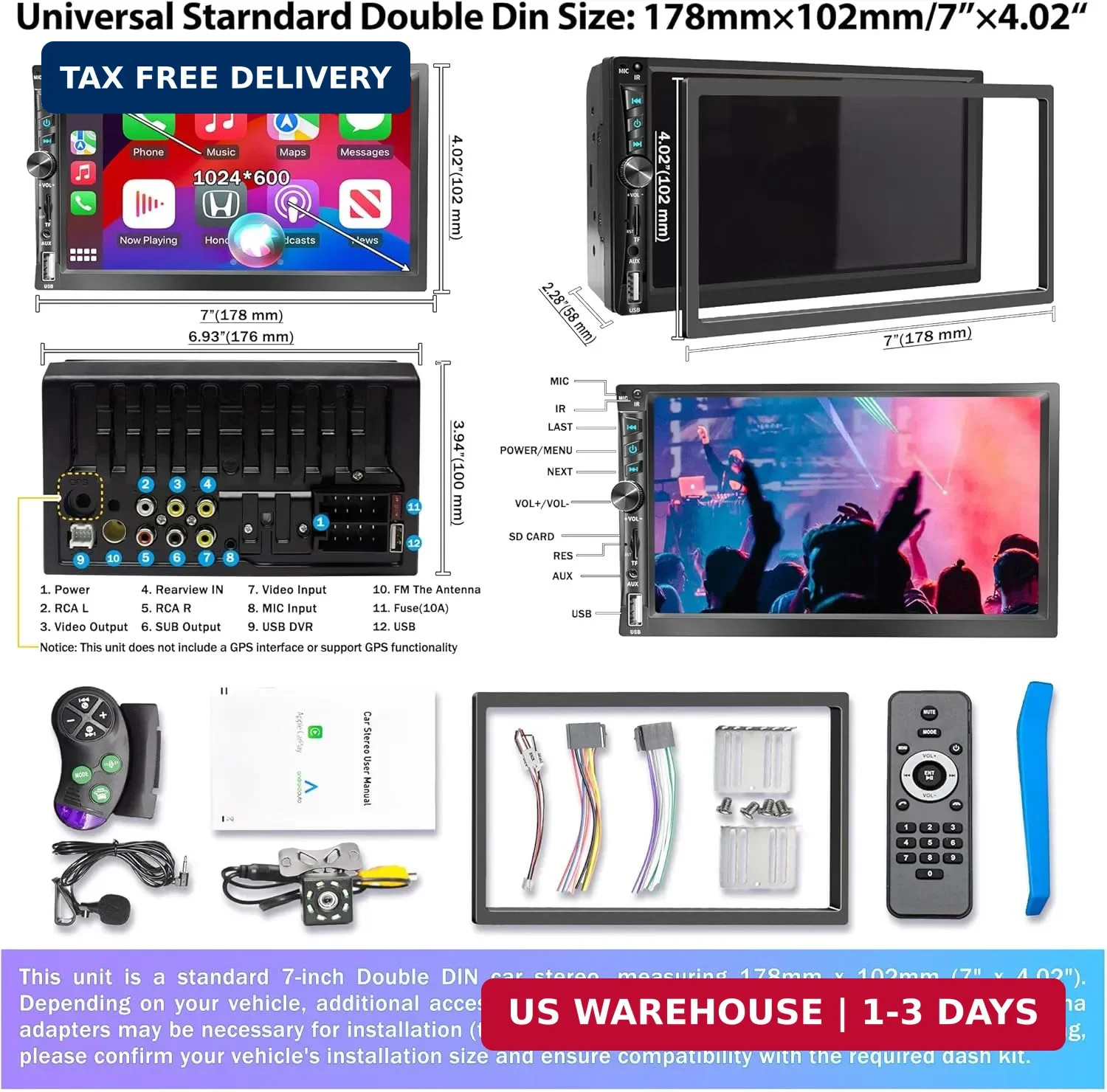 Upgrade Wireless 7″ Double Din Car Stereo Apple CarPlay Android Auto 178 * 102mm