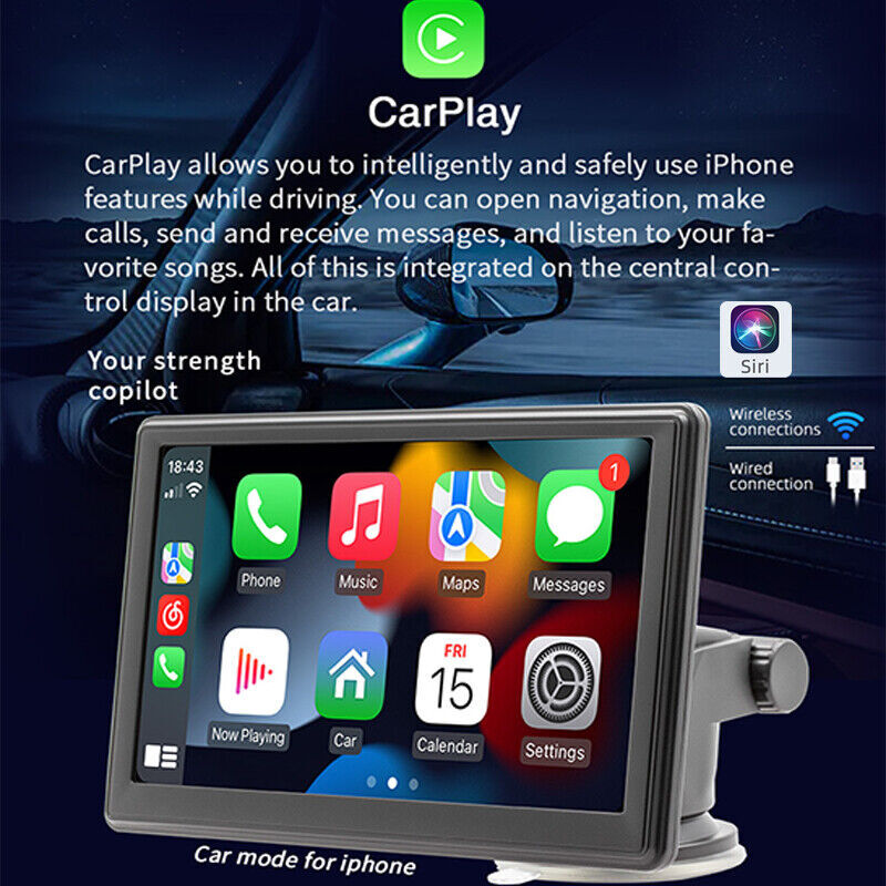7″ Portable Car Stereo Apple Carplay Android Auto Touch Screen Radio Multimedia
