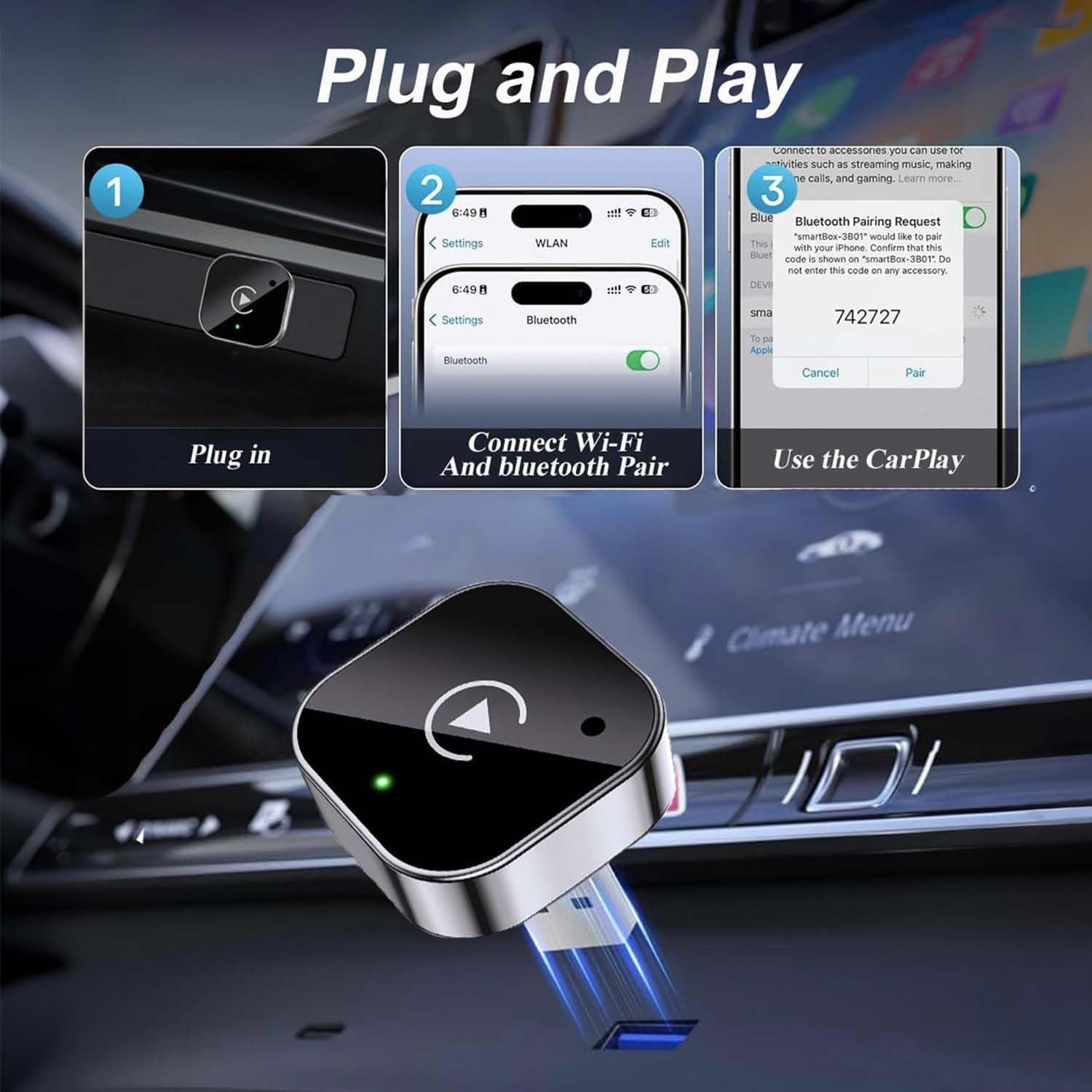 Wireless Carplay Adapter with Ultra-Mini USB Design for Apple CarPlay & Android