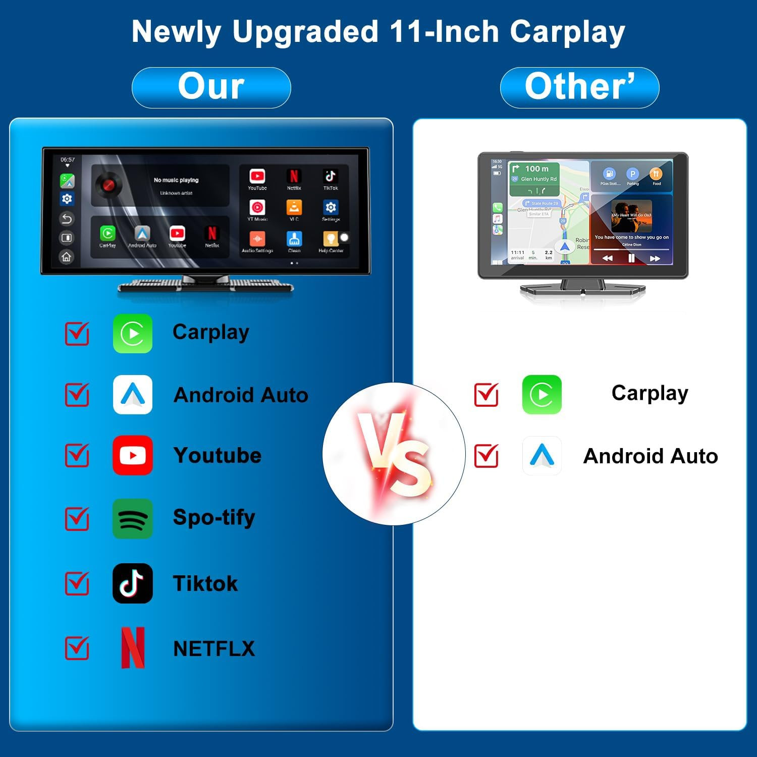 11″ Wireless Carplay Screen with Netflix, YouTube, TikTok & HD Backup Camera