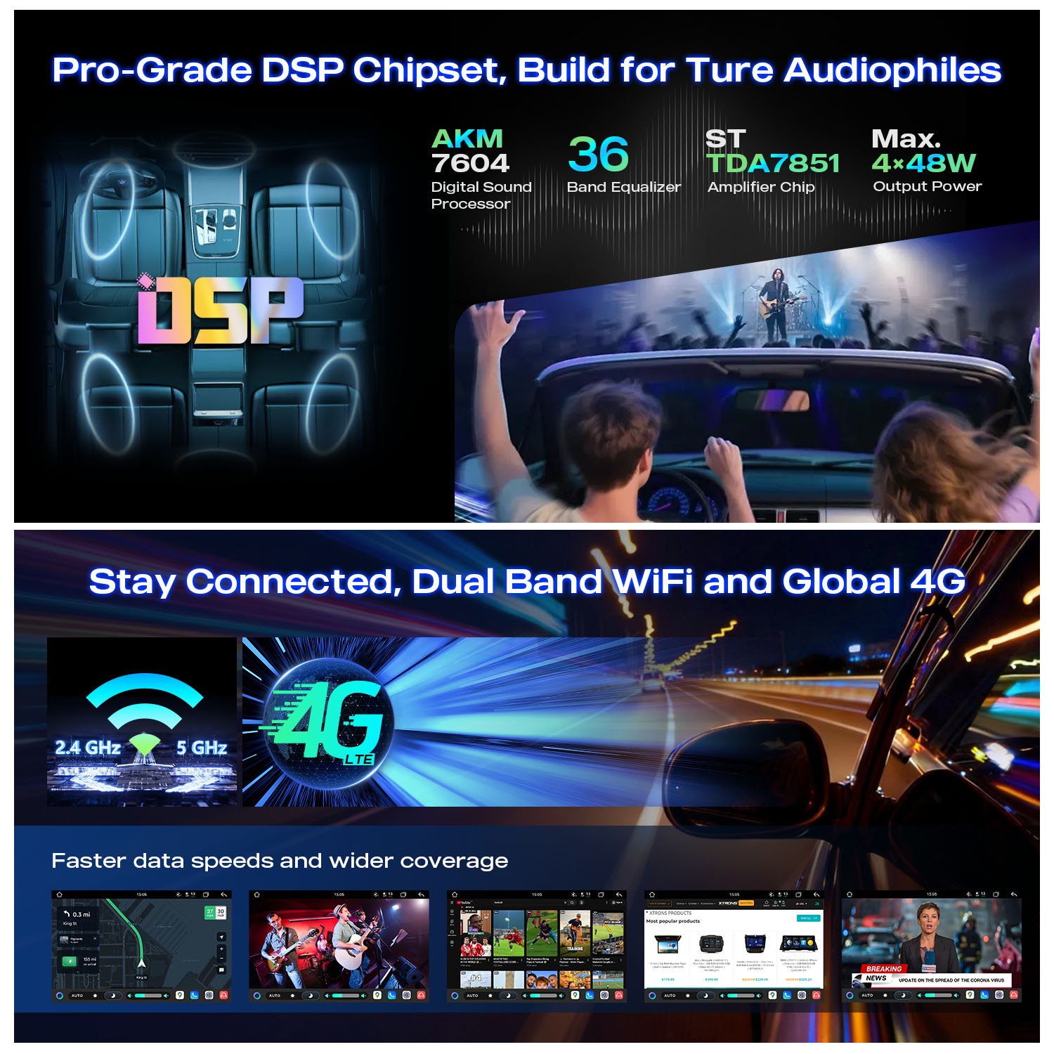 10.1″ AKM DSP Android 14 Radio For Universal 2 Din 8GB 128GB QLED GPS Navigation