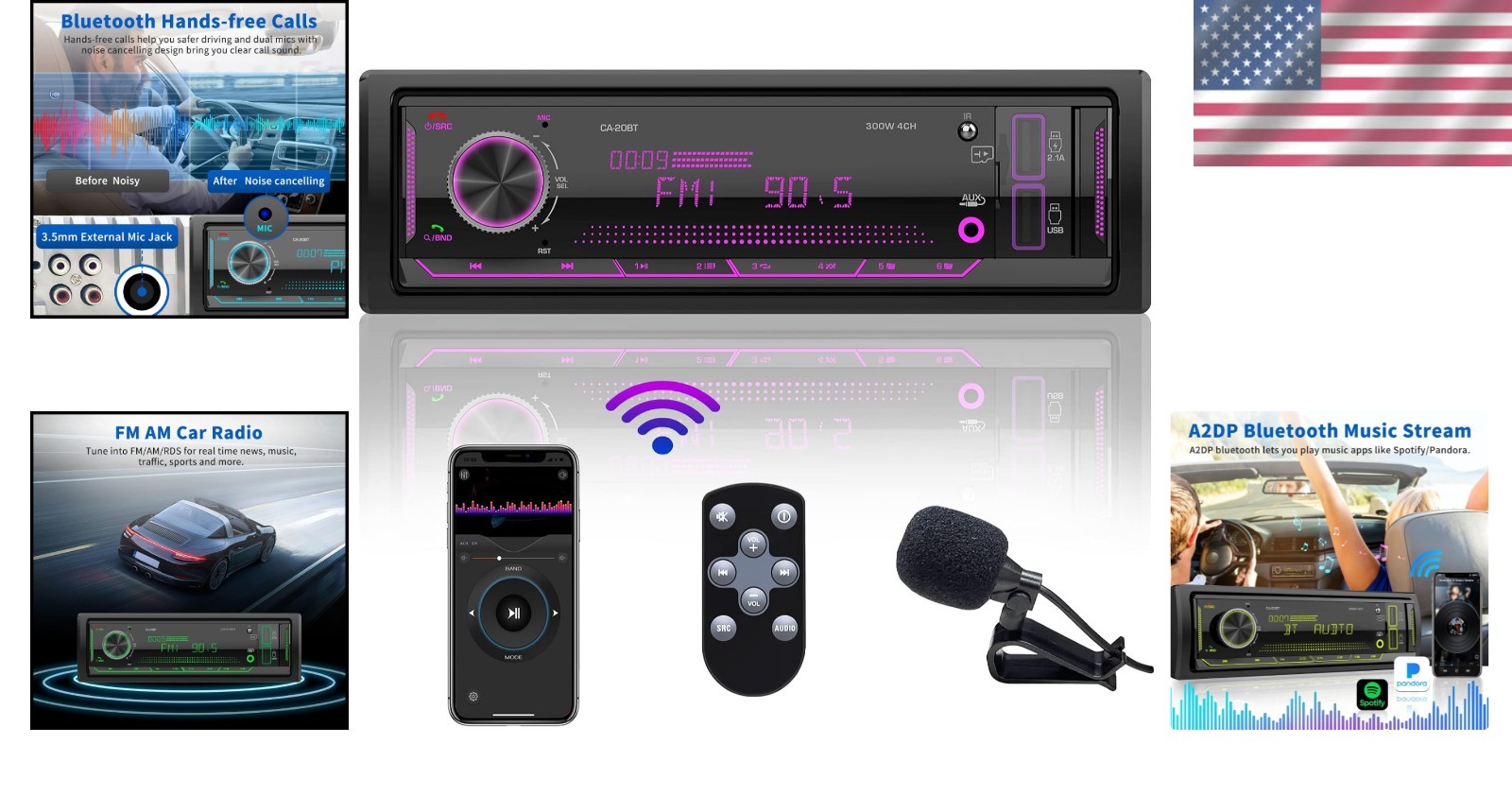 Marine Audio System: Single Din Bluetooth Car Receiver with Multi-color Display