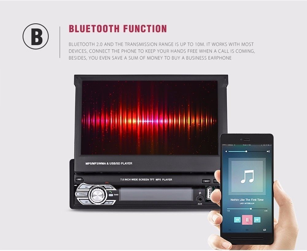 7″ Single 1 DIN Car Radio Stereo Flip out Touch Screen Bluetooth MP5 Player Unit