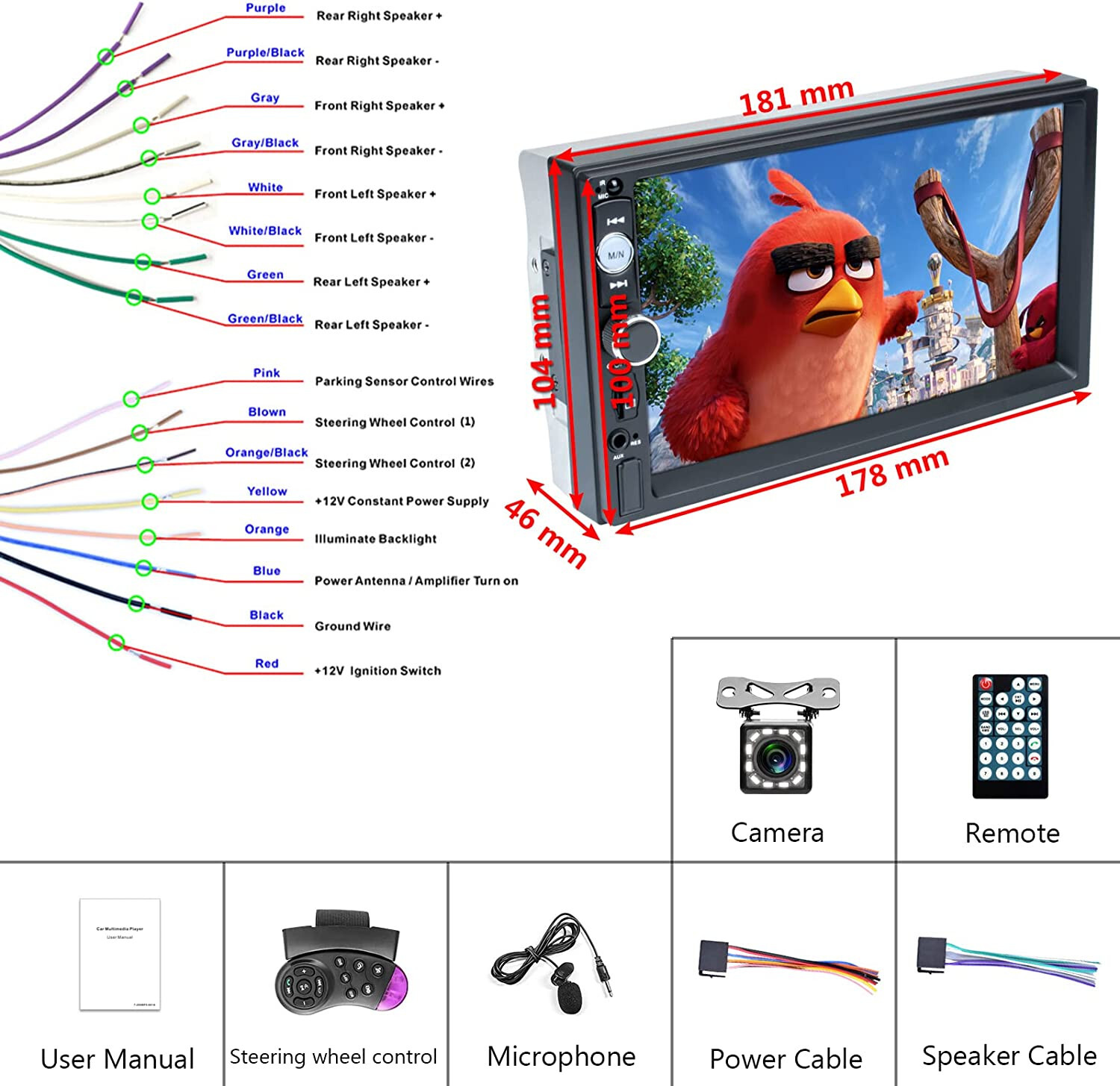 7″ Car Stereo 2DIN Radio Bluetooth Backup Camera Mirror with Car Play