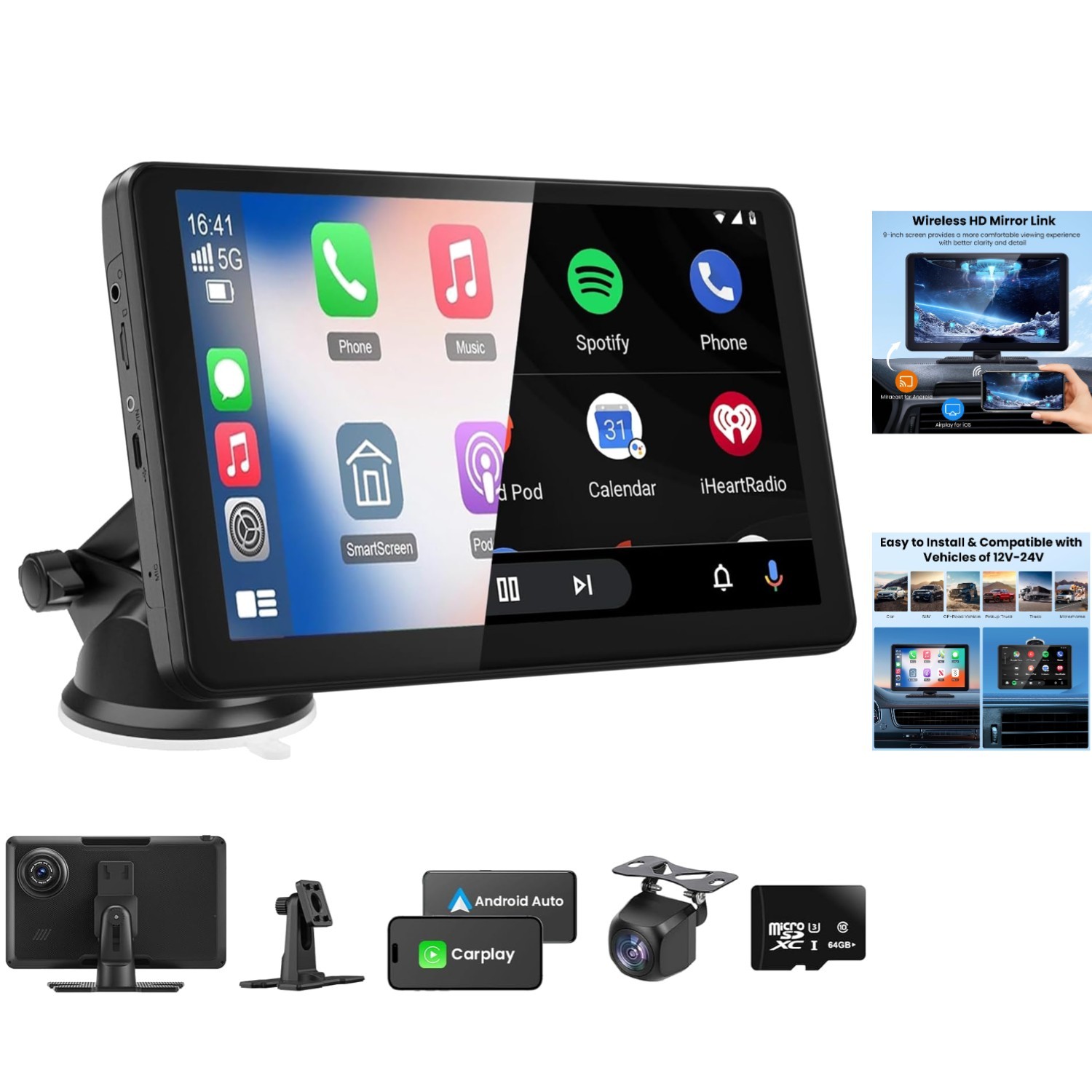 9-Inch Wireless Carplay Screen with 4K Dash Cam & 1080p Backup – Ultimate Safety