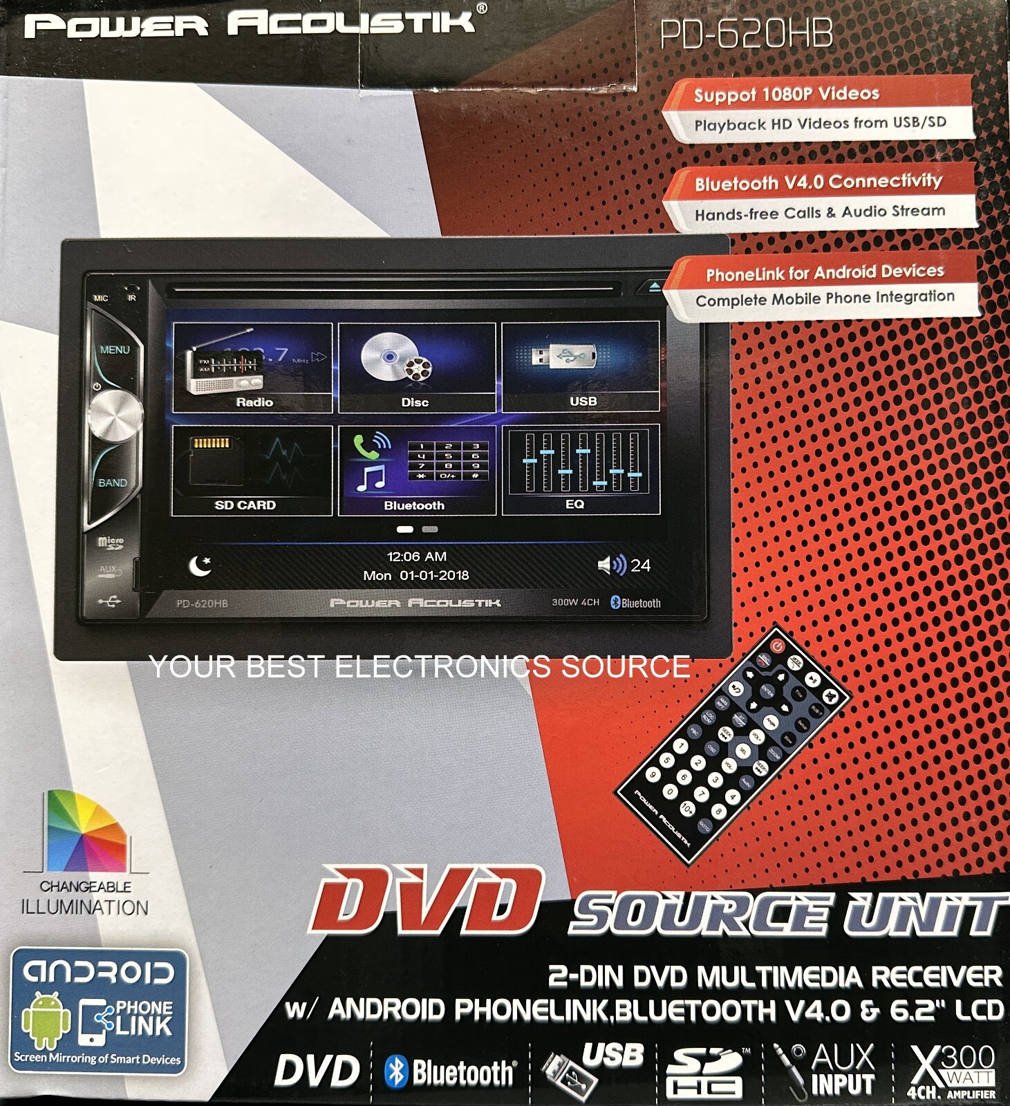 NEW Power Acoustik PD620HB 6.2″ LCD, 2-DIN DVD/CD Digital Media Radio, Bluetooth