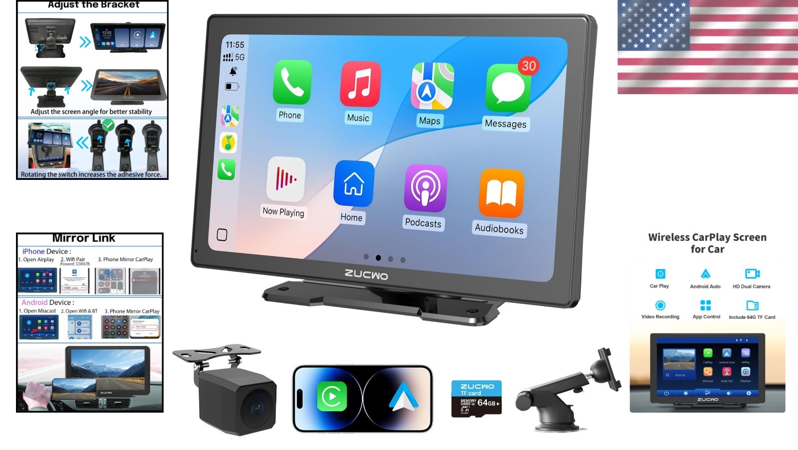 Enhanced 9-Inch Wireless CarPlay Display with 4K Dash Cam & GPS Navigation
