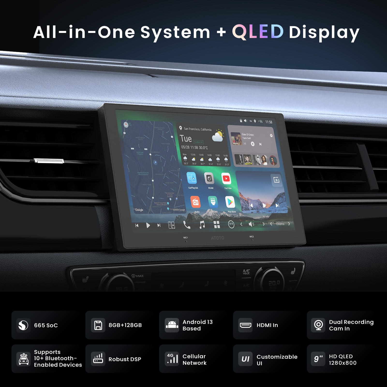 ATOTO Flagship 9″ 2DIN AI Android Car Stereo Carplay& Rear Cam Built-in G-Sensor