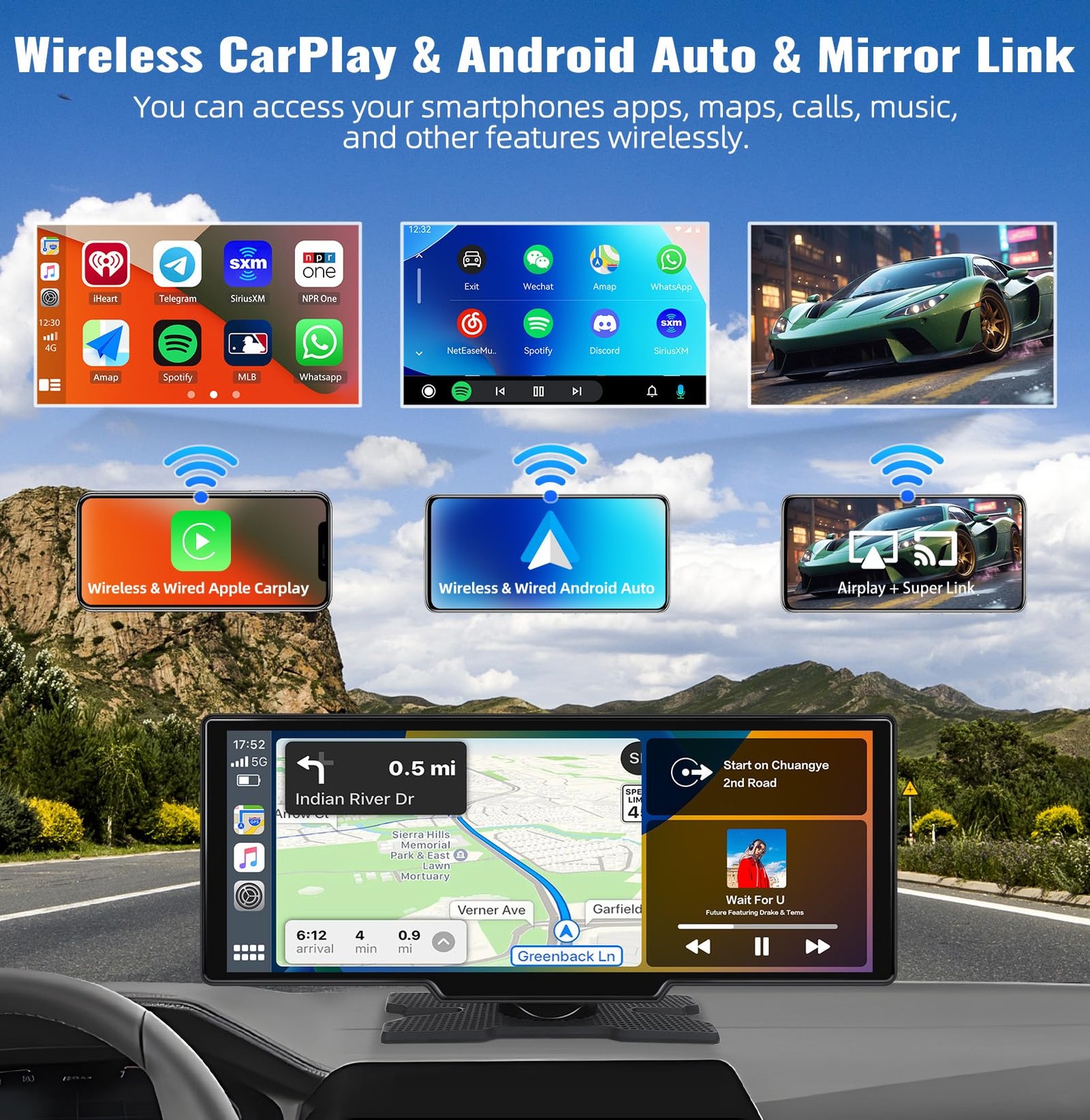 Wireless Apple Carplay & Android Auto 10.26 Inch HD Touch Screen Portable Car…