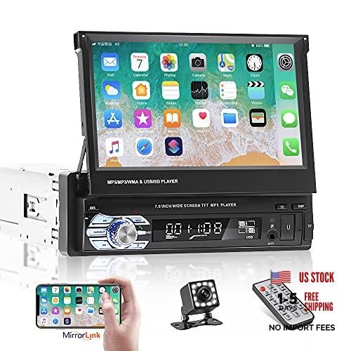Bluetooth Single Din Car Stereo 7 Inch Retractable Touchscreen with Mirror Link