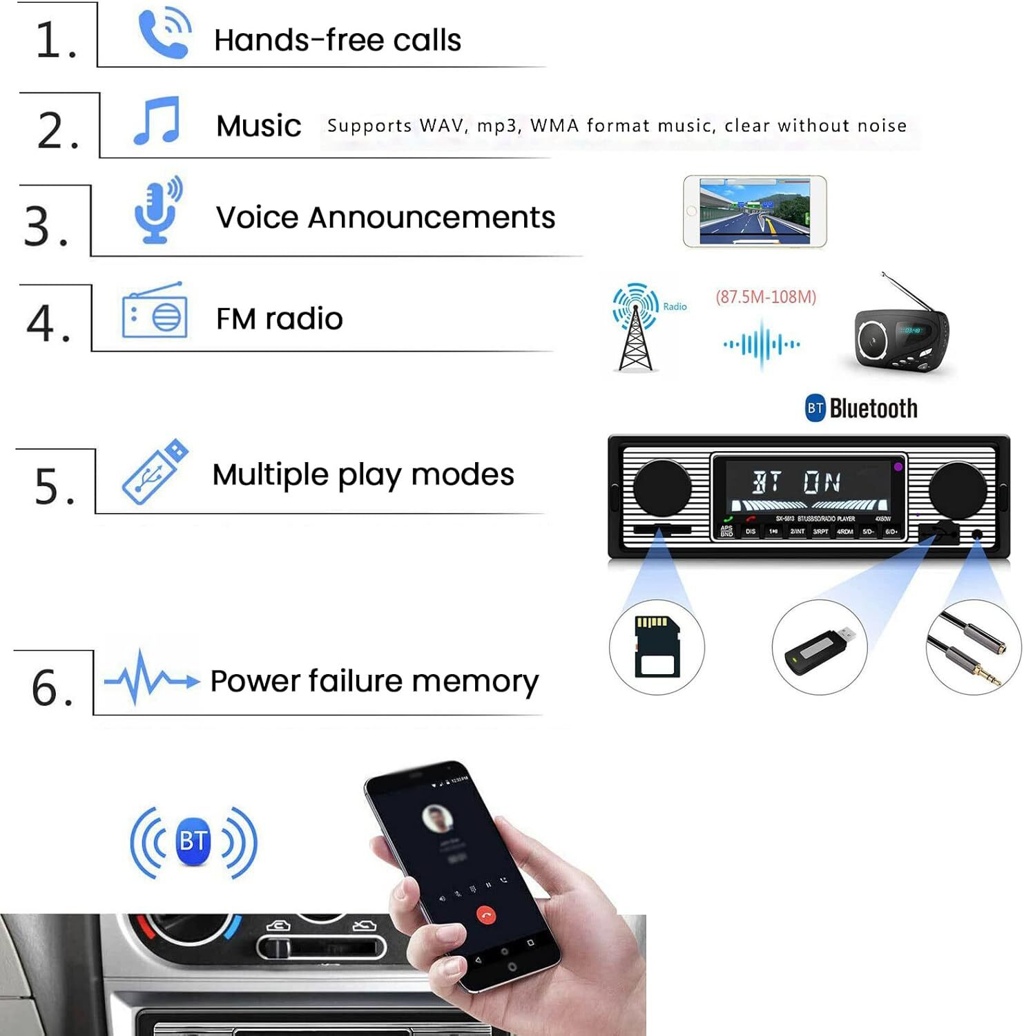 Vintage Car FM Radio MP3 Player Bluetooth USB Classic Stereo Audio Receiver AUX