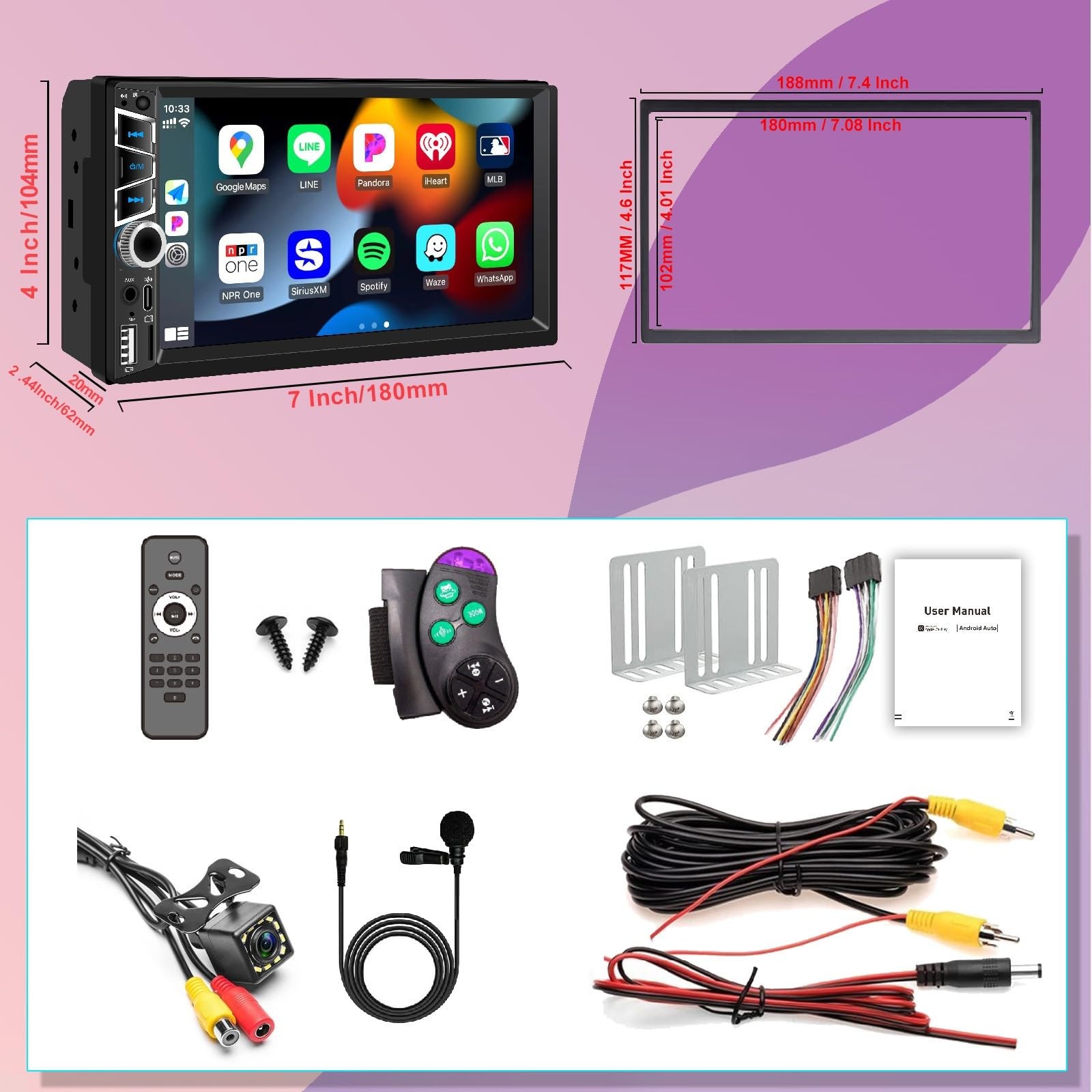 Wireless Apple Carplay 7 inch Double Din Car Stereo,IPS Touchscreen,Bluetooth…