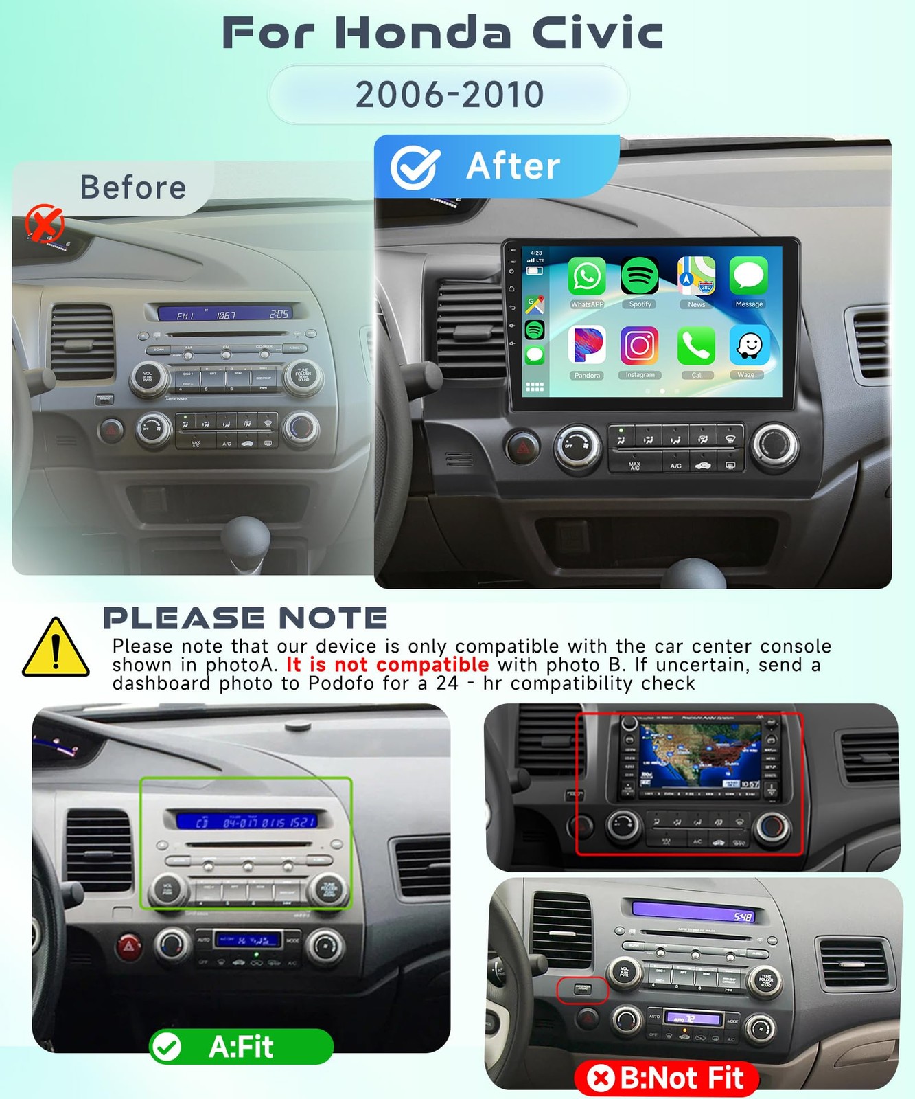 Podofo 4G64G For Honda Civic 2006 2007 2008 2009 2010 2011 Car Stereo Radio10.1