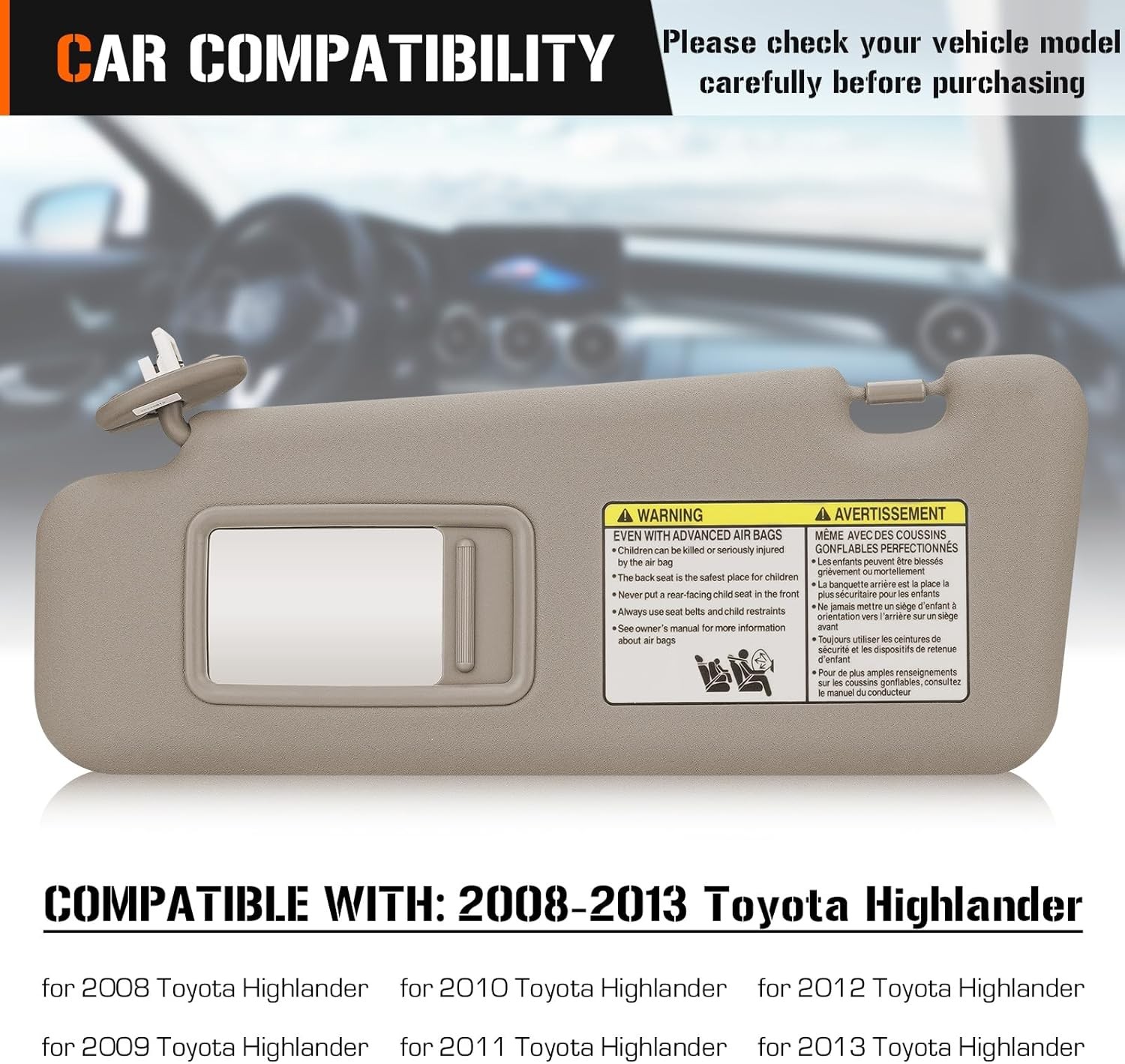 2008-13 Toyota Highlander Left & Right Beige Sun Visor w/ Light Driver/Passenger