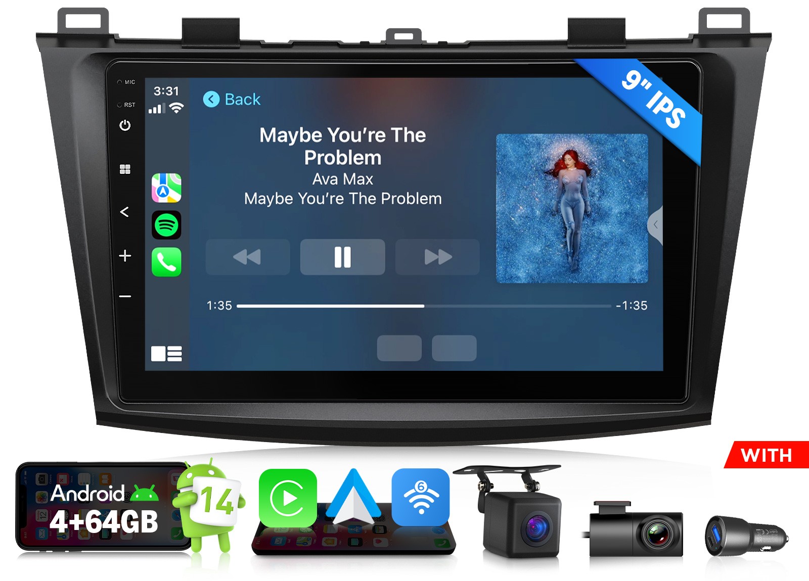 For Mazda 3 2010-2013 9″Android 14 4+64 Car Stereo Apple CarPlay Bluetooth Radio