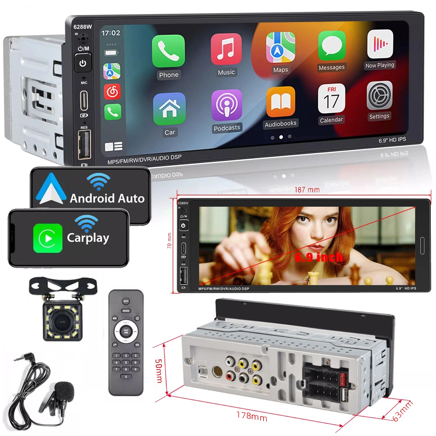 Single Din Car Stereo Wireless Apple CarPlay 6.9 touchscreen Bluetooth Radio USB