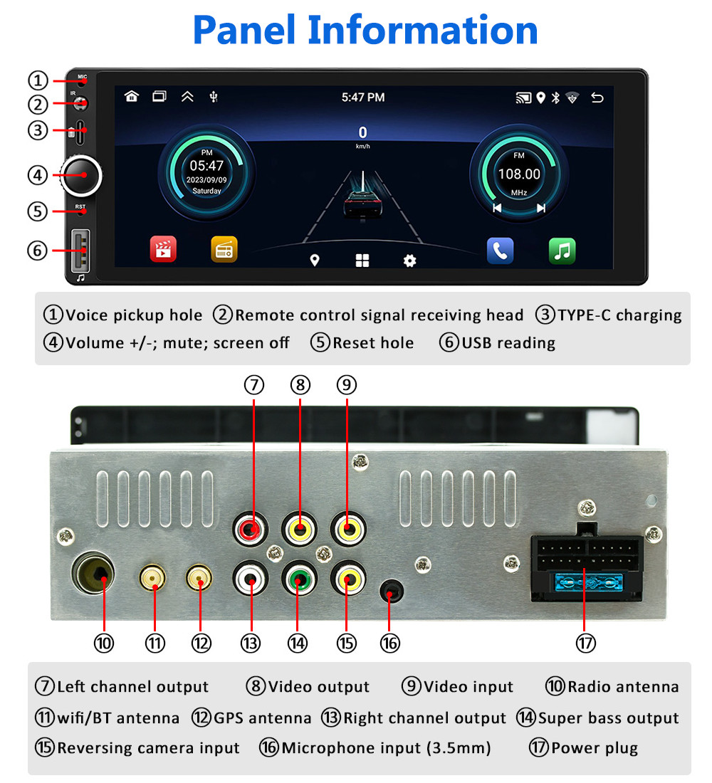 Android 13 Single 1 Din Car Stereo Wireless Apple Carplay/Android Auto Radio 64G